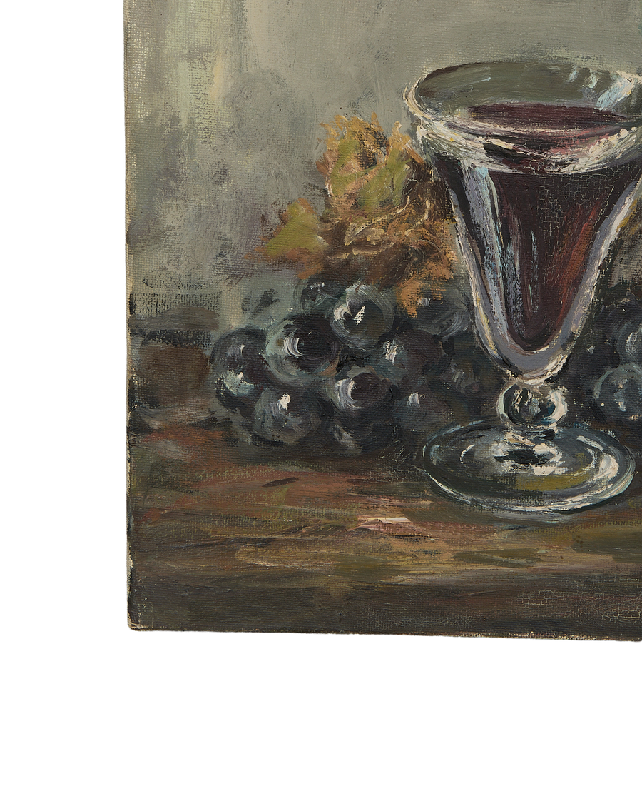 Vintage French still life painting, closeup of glass and grapes with visible brushstrokes and aged canvas texture.