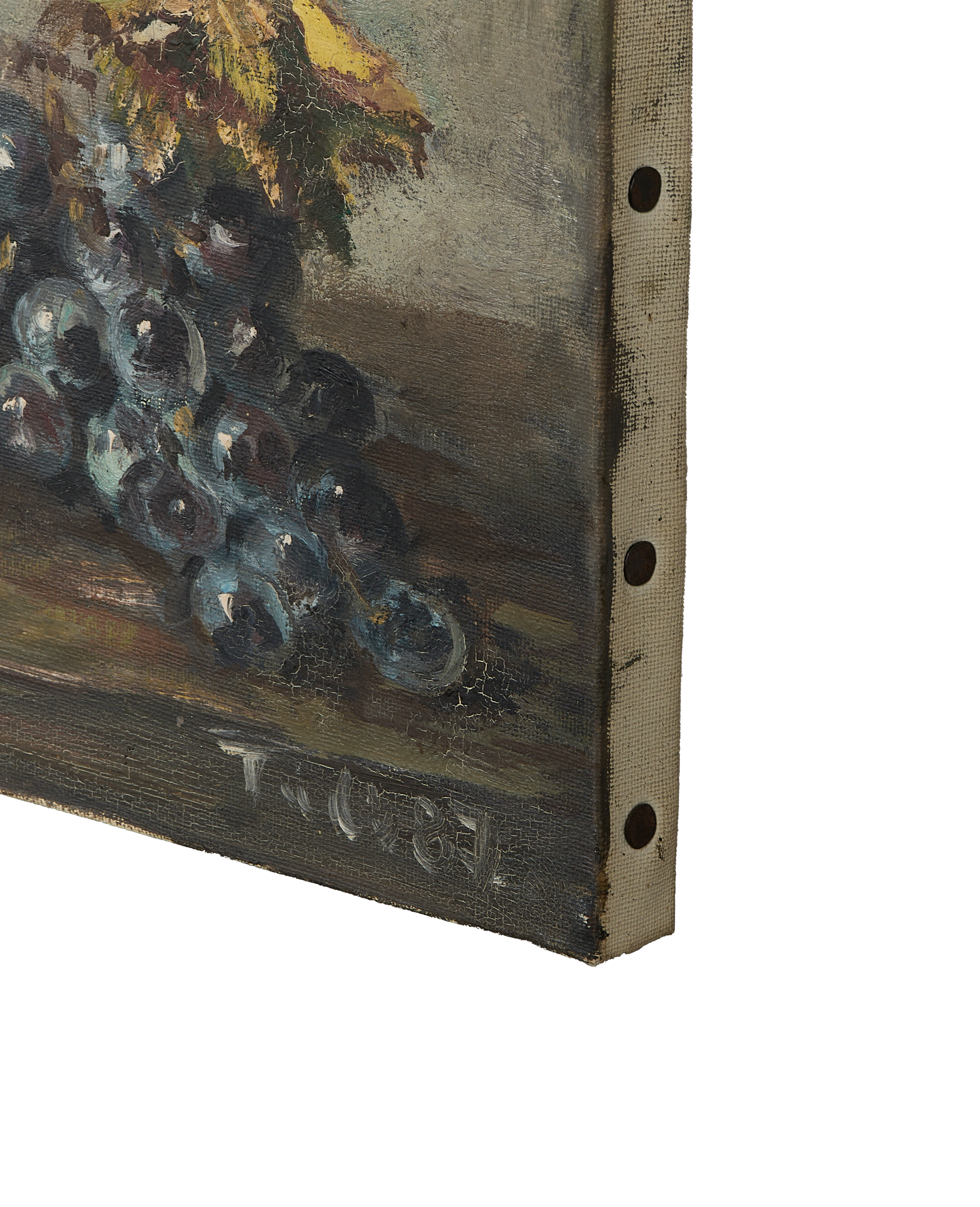 Vintage French Still Life oil painting detail, showing textured canvas edge and dark grapes.