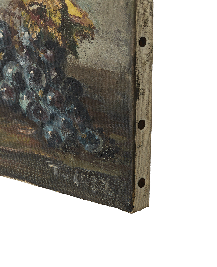 Vintage French Still Life oil painting detail, showing textured canvas edge and dark grapes.