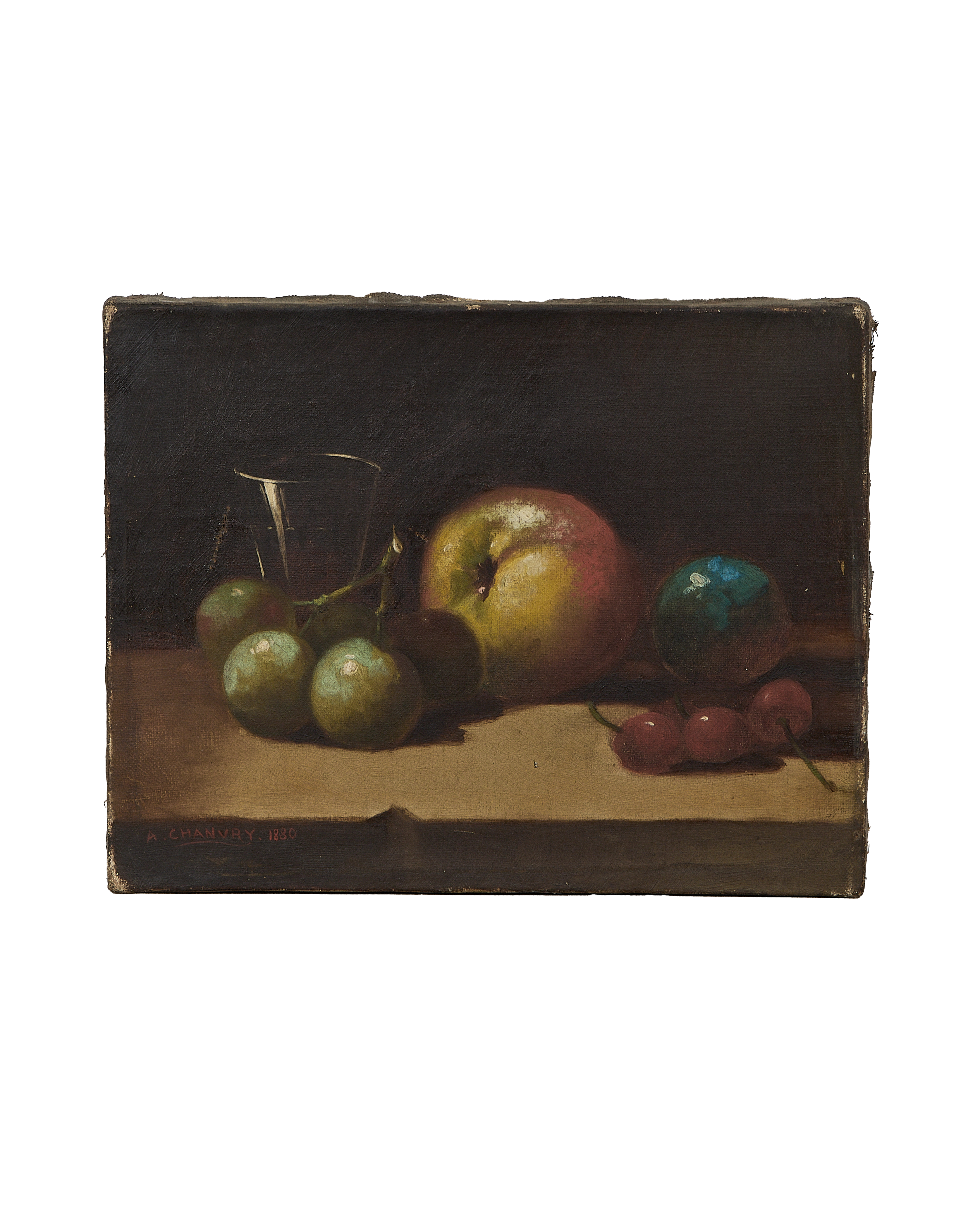 Vintage French still life oil painting, fruit and glass, in good condition.
