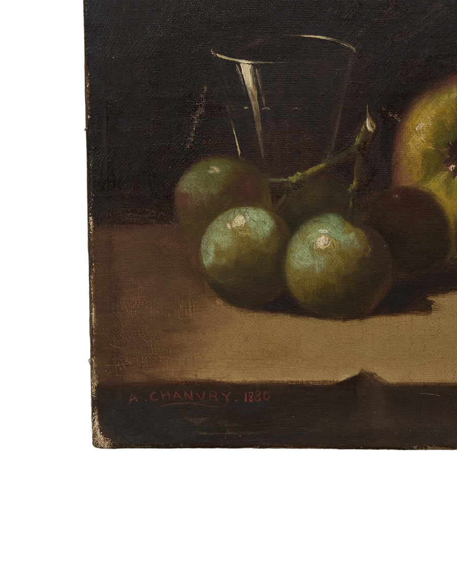 Vintage French still life oil painting detail: signature 