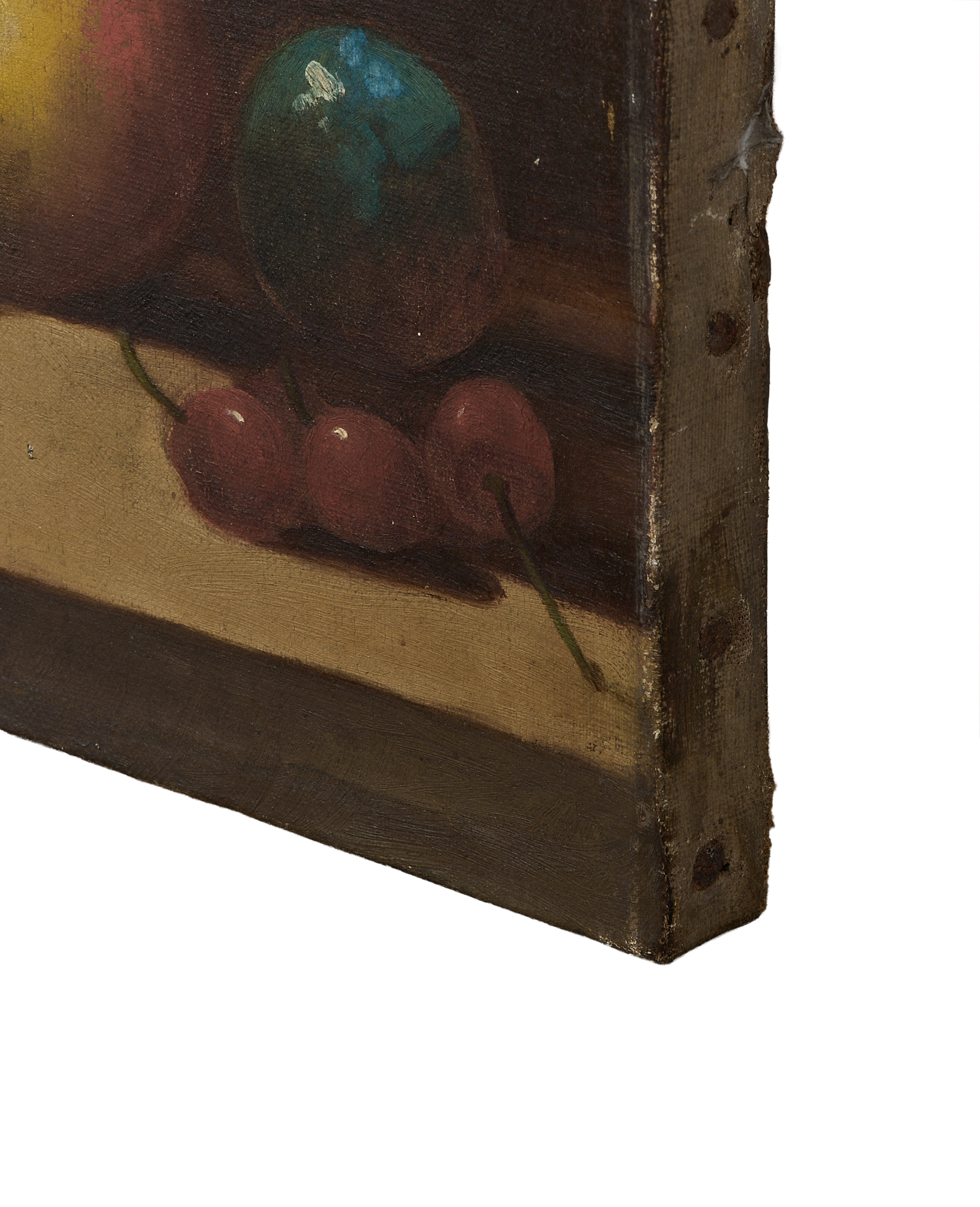 Vintage French still life oil painting detail: distressed canvas edge, visible staples, and cherries.