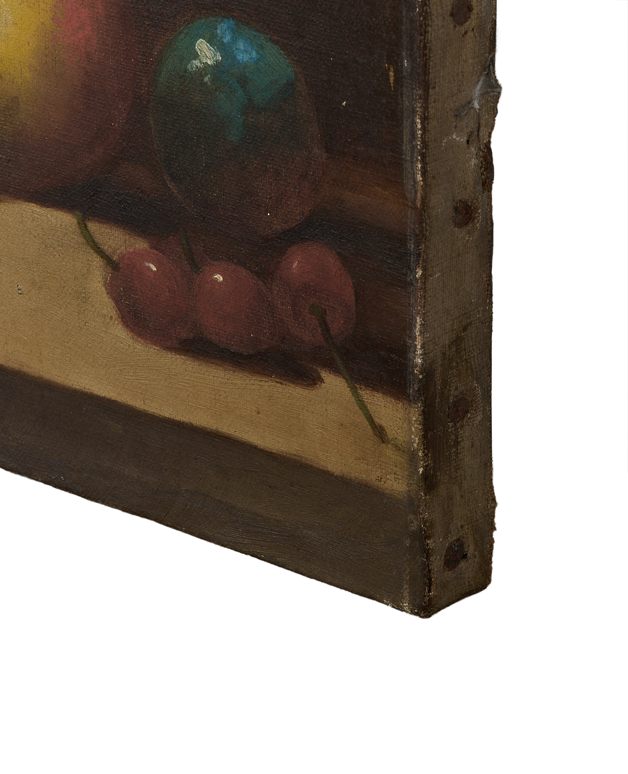Vintage French still life oil painting detail: distressed canvas edge, visible staples, and cherries.