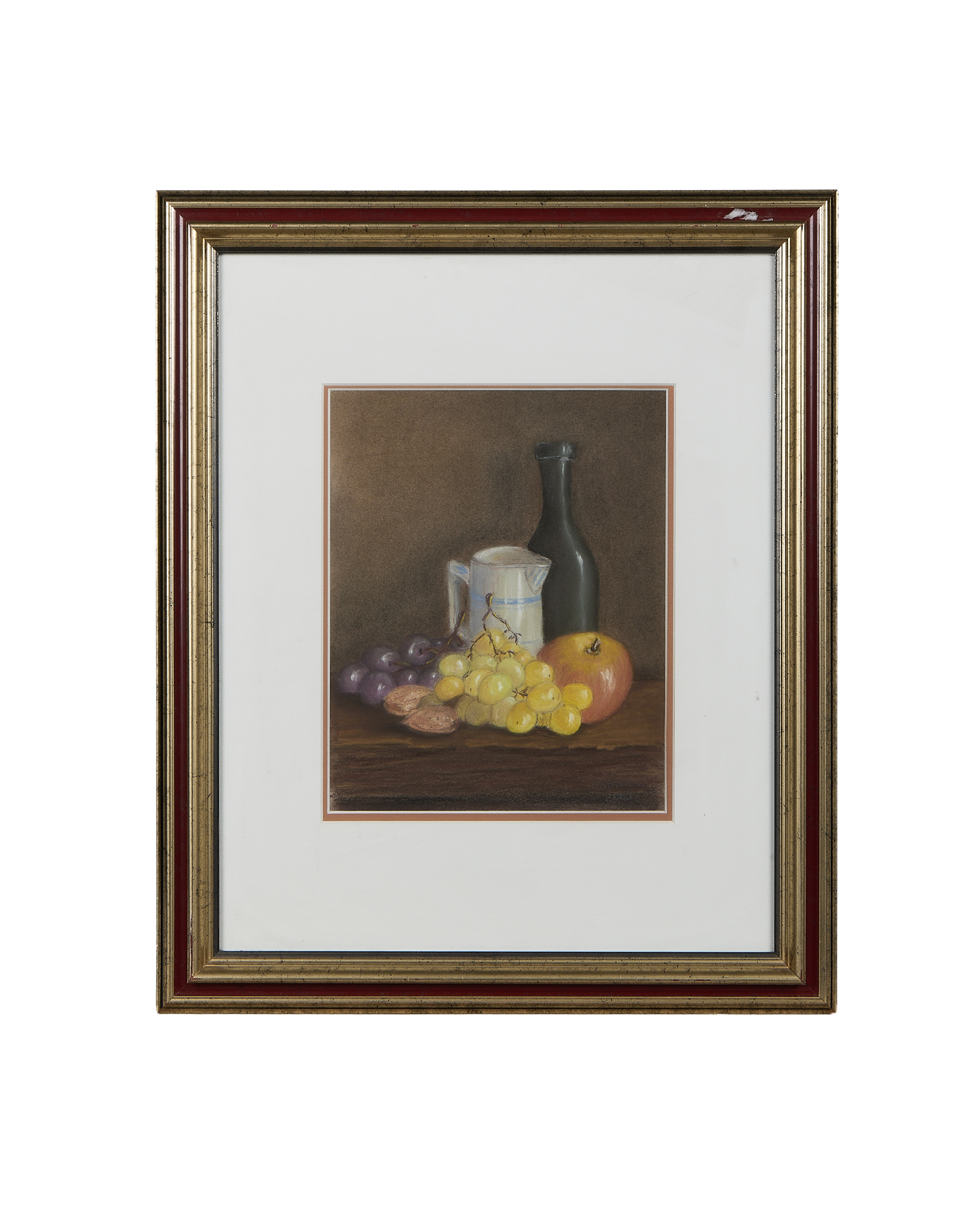 Vintage French still life painting in oak frame, featuring grapes, bottle, and pitcher.