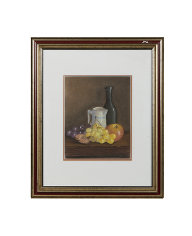 Vintage French still life painting in oak frame, featuring grapes, bottle, and pitcher.