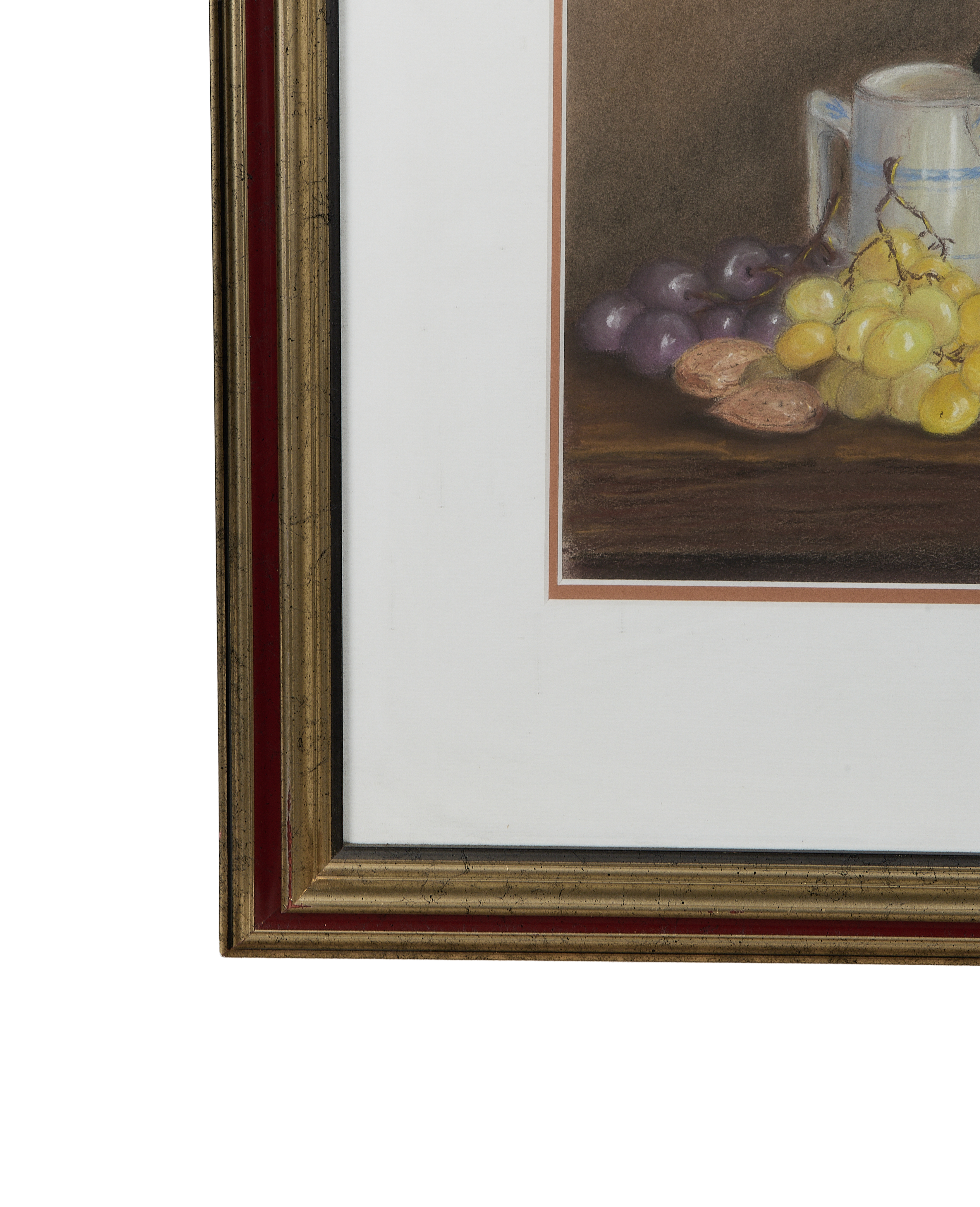 Vintage French Still Life Painting detail: worn gold and red oak frame, cream pitcher, grapes.