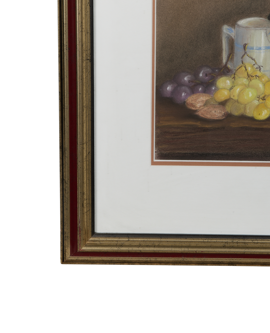 Vintage French Still Life Painting detail: worn gold and red oak frame, cream pitcher, grapes.