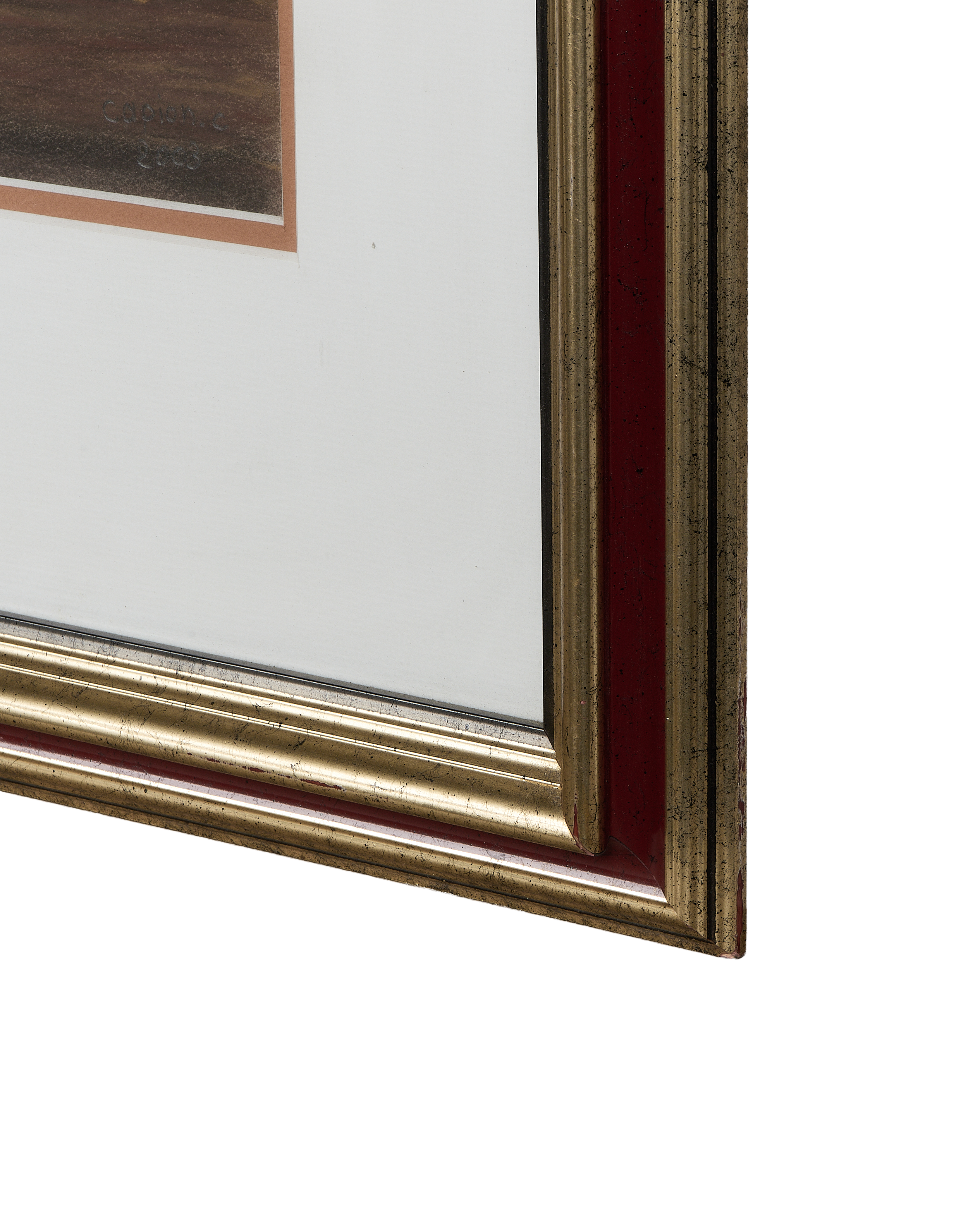 Vintage French Still Life Painting, close-up of distressed gold and red oak frame corner.