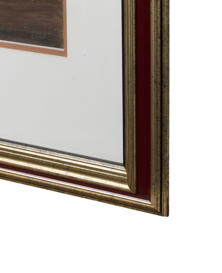 Vintage French Still Life Painting, close-up of distressed gold and red oak frame corner.