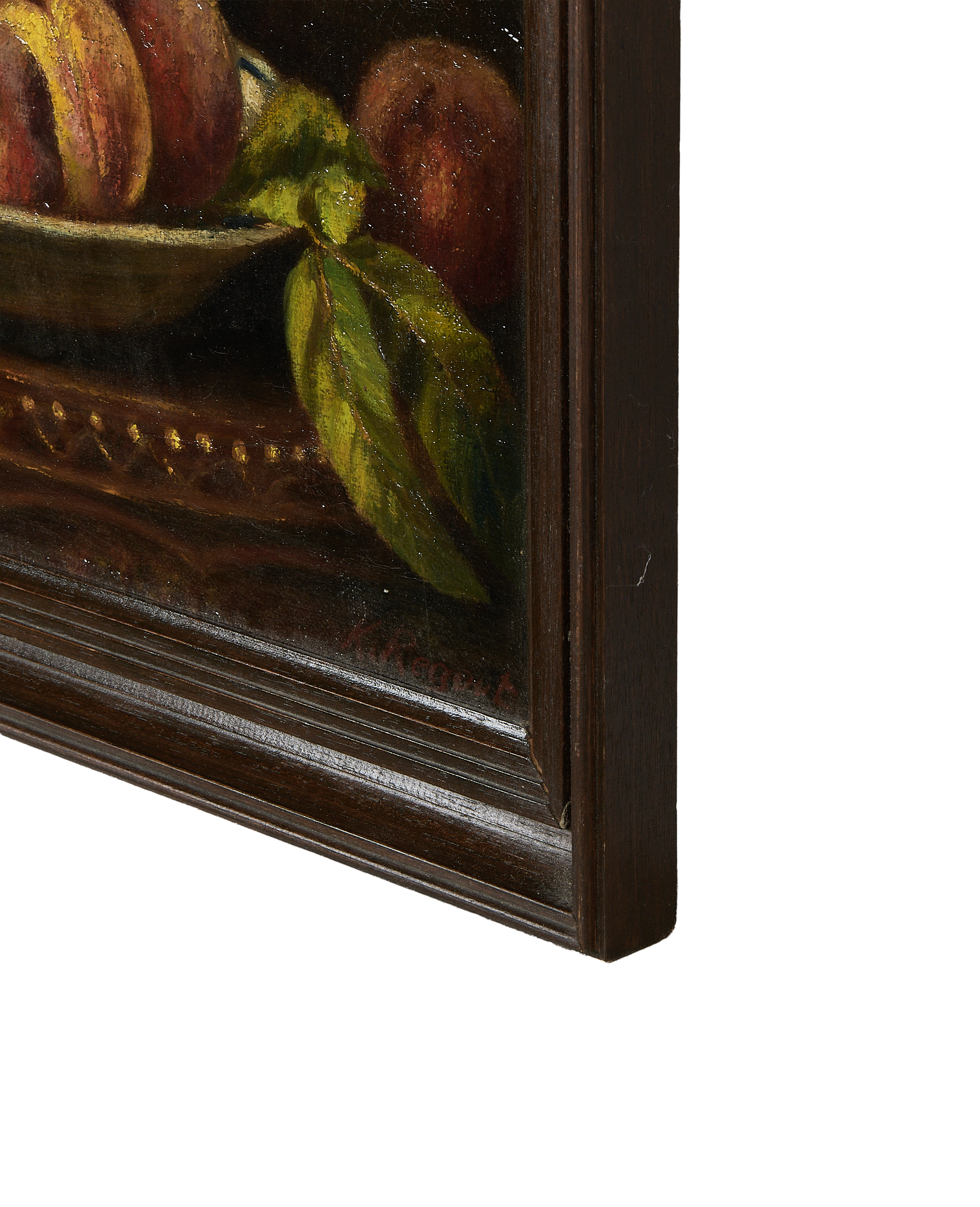 Close-up of vintage French still life painting's signature and textured oak frame.