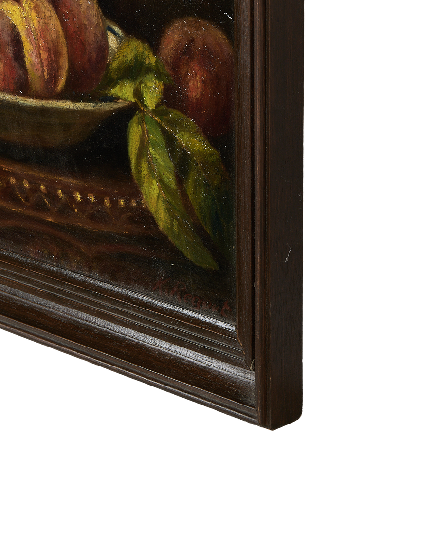 Close-up of vintage French still life painting's signature and textured oak frame.