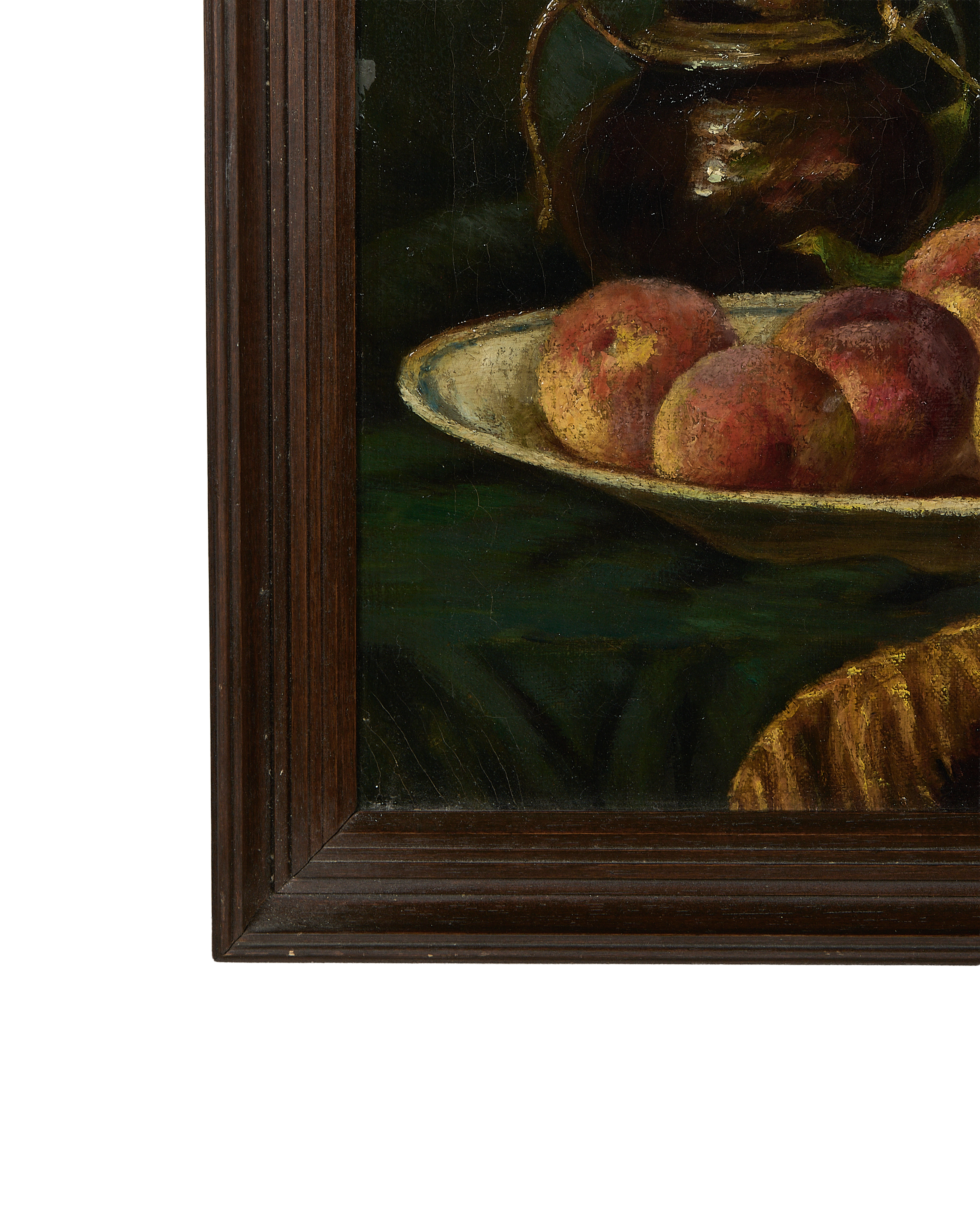 Close-up of vintage French still life painting's dark wood oak frame and crackled oil surface.