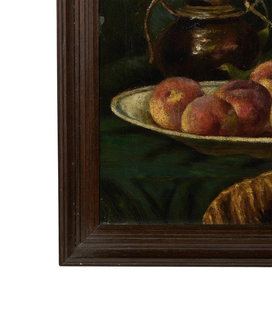 Close-up of vintage French still life painting's dark wood oak frame and crackled oil surface.