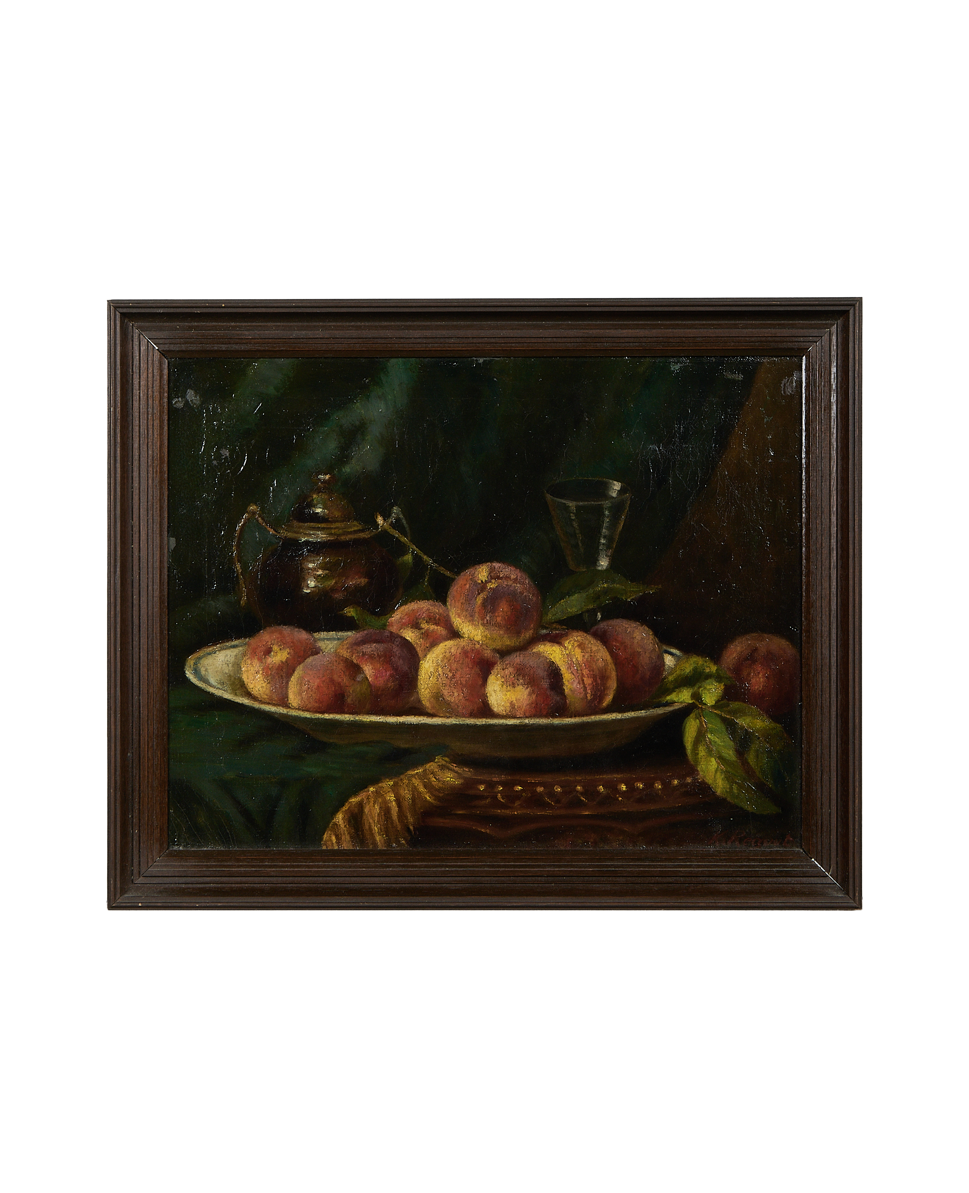 Vintage French still life oil painting in oak frame, featuring peaches, teapot, glass.