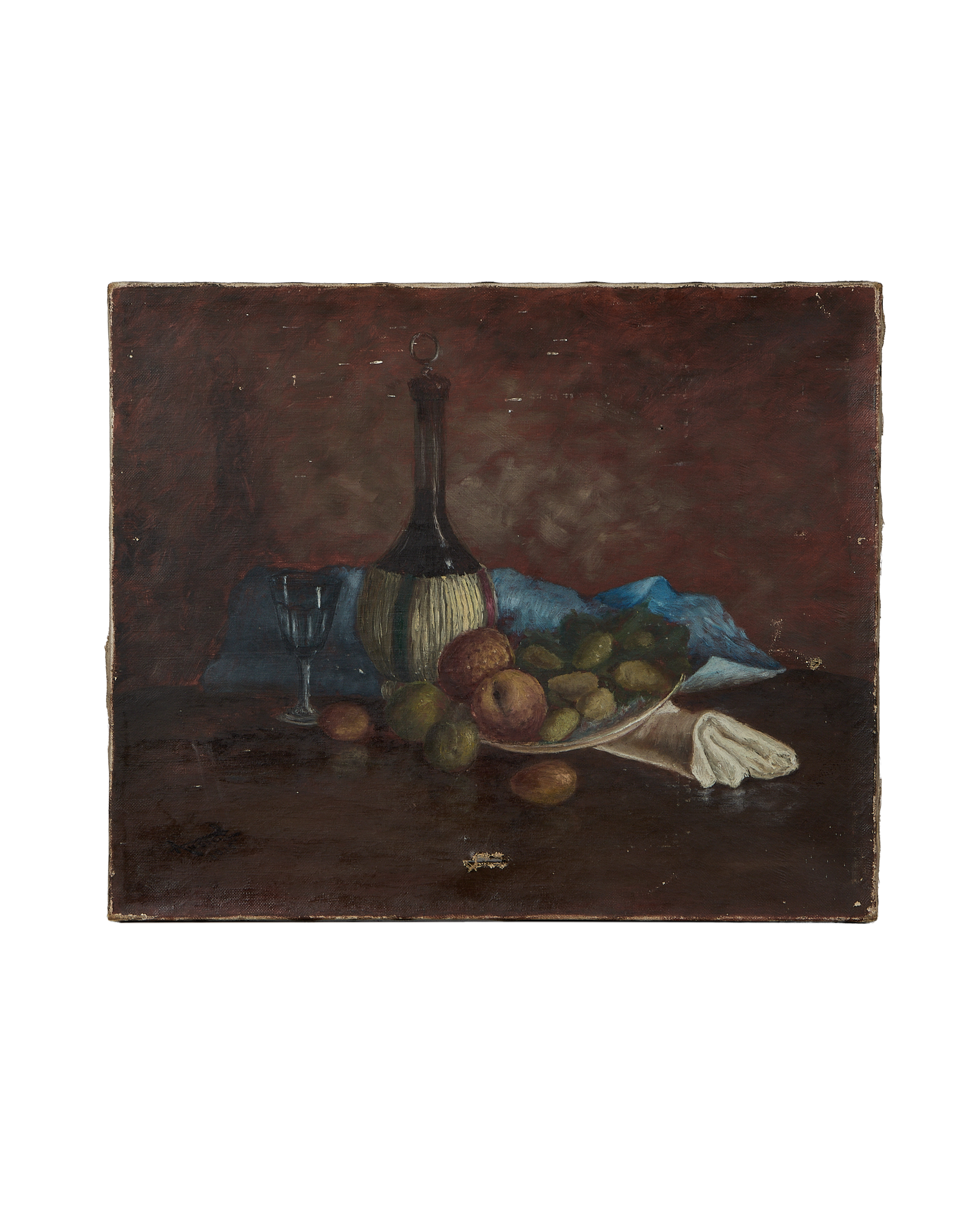 Vintage French still life oil painting on canvas of fruit, wine bottle, glass.