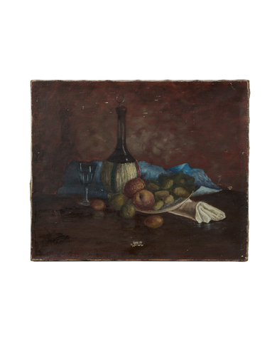 Vintage French still life oil painting on canvas of fruit, wine bottle, glass.