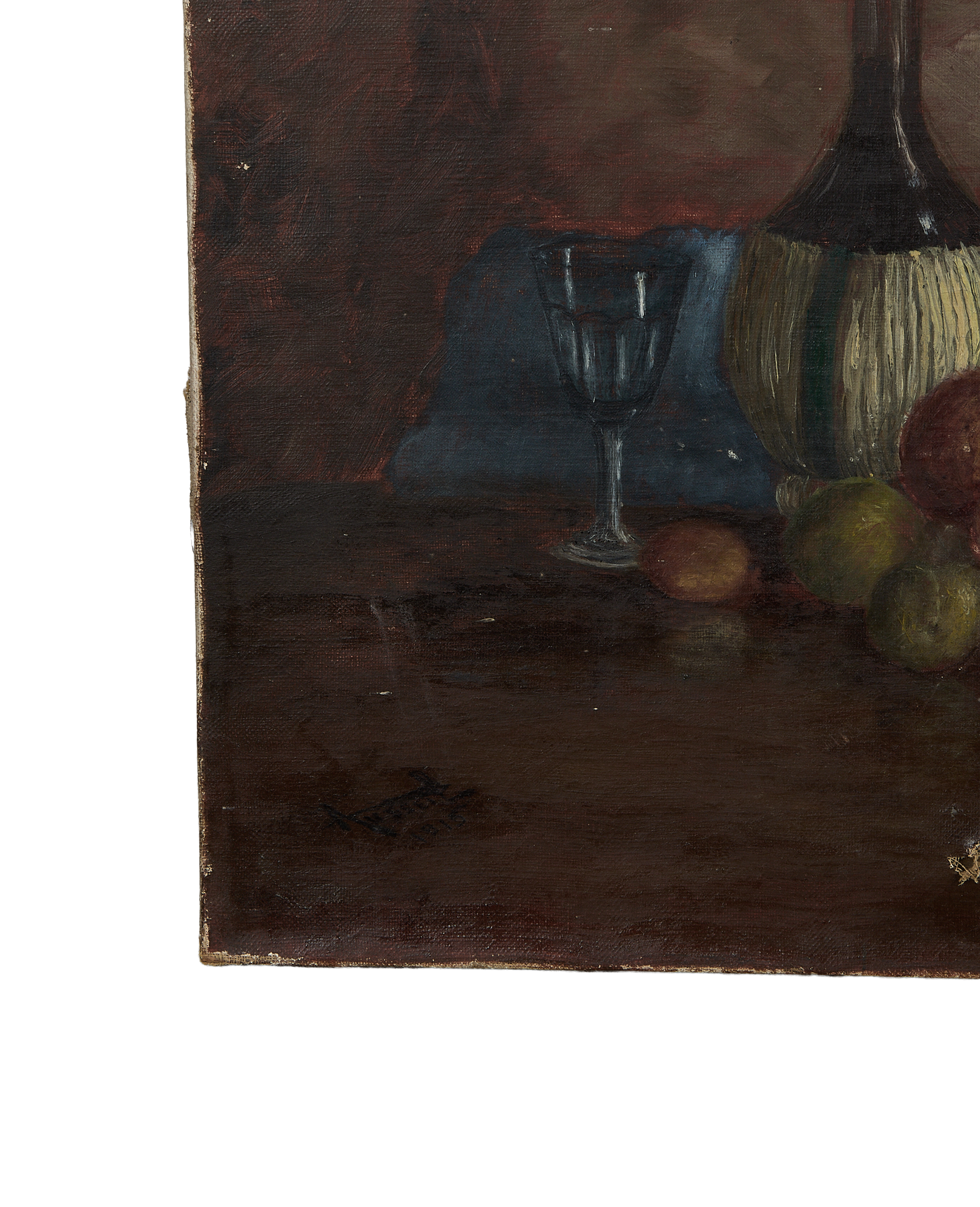 Vintage French still life oil painting detail: wine bottle with glass and fruit, signature visible.