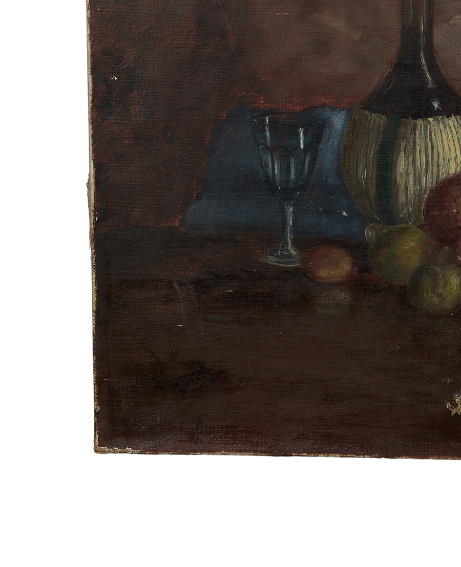 Vintage French still life oil painting detail: wine bottle with glass and fruit, signature visible.