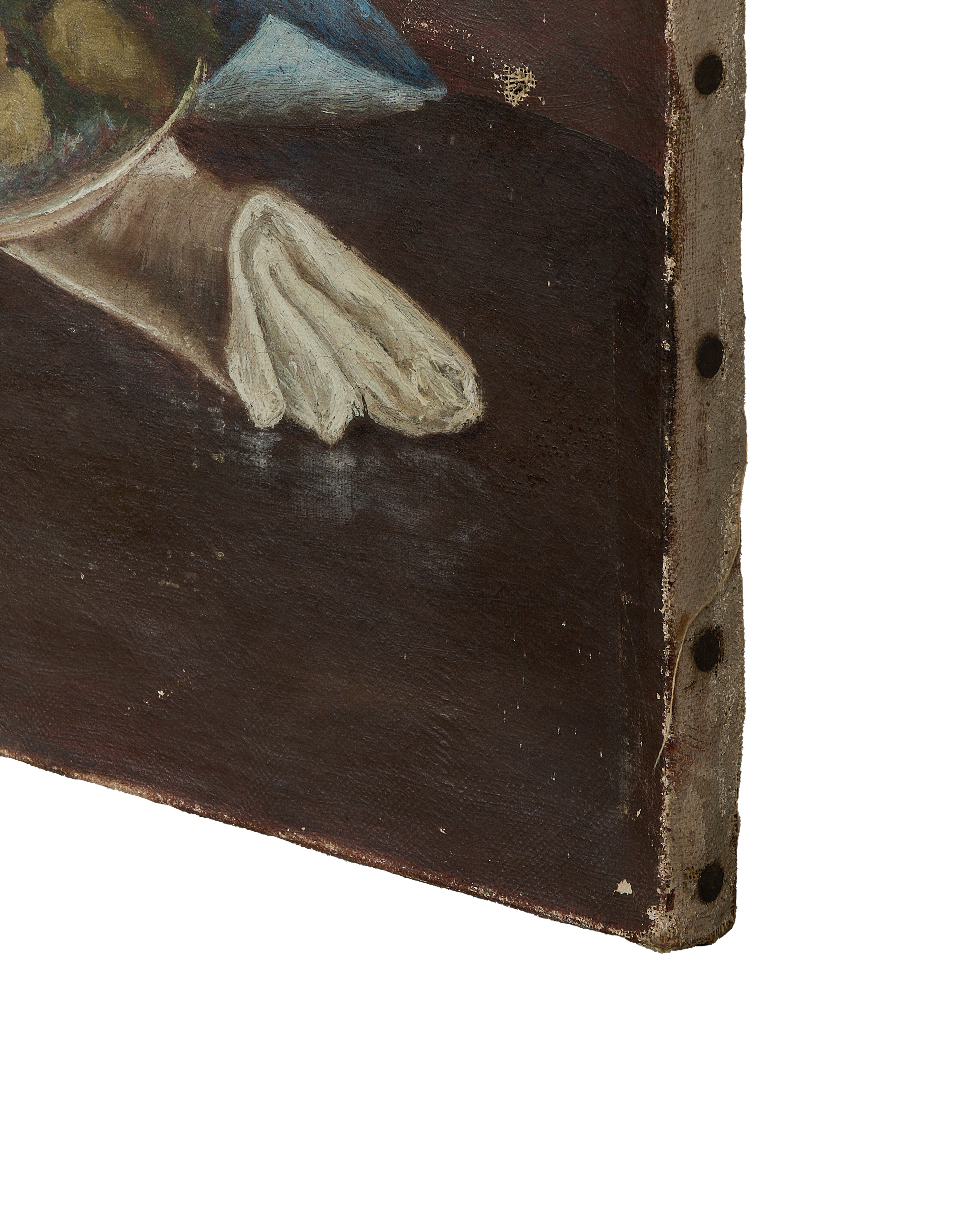 Vintage French Still Life oil painting; close-up of canvas texture, edge, and impasto details.
