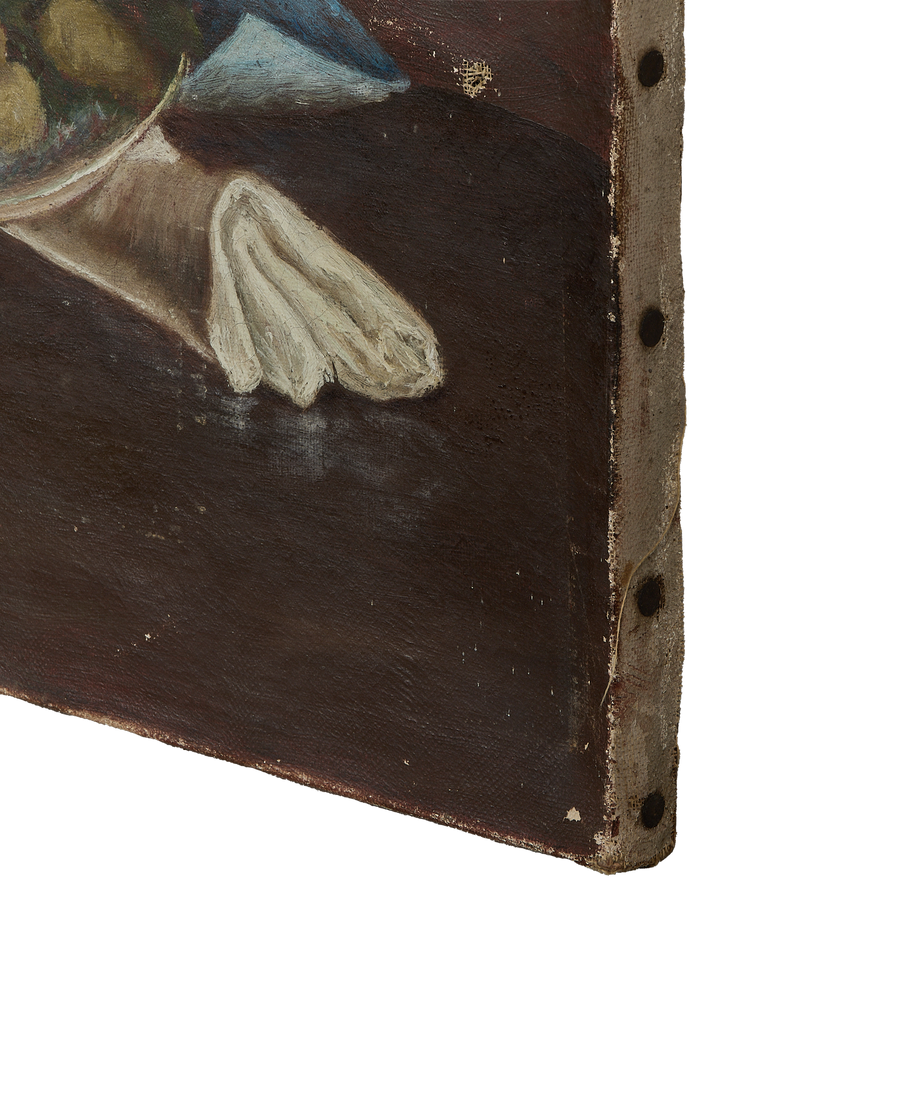 Vintage French Still Life oil painting; close-up of canvas texture, edge, and impasto details.