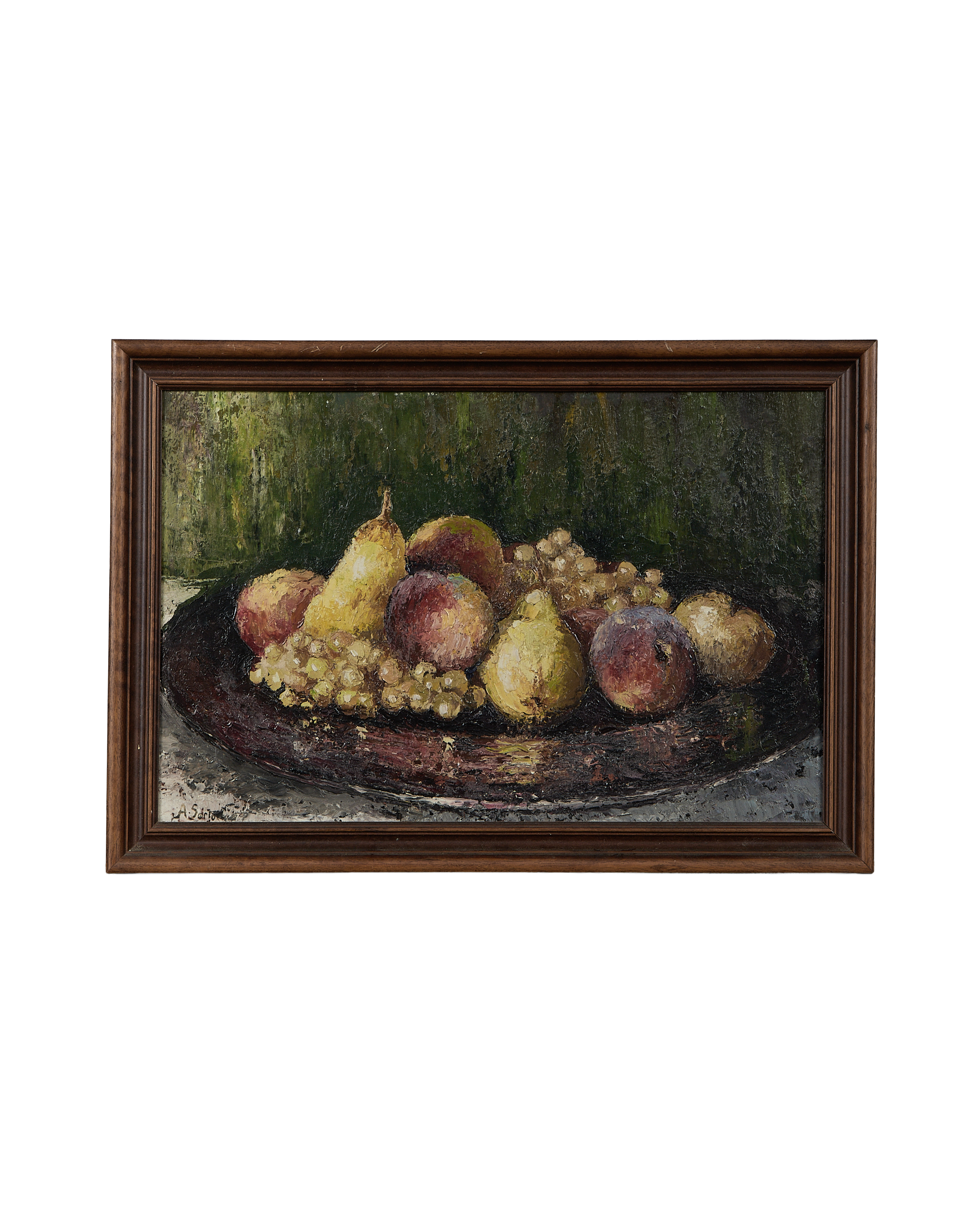 Vintage French still life oil painting in natural oak frame, featuring plums, pears, and grapes.