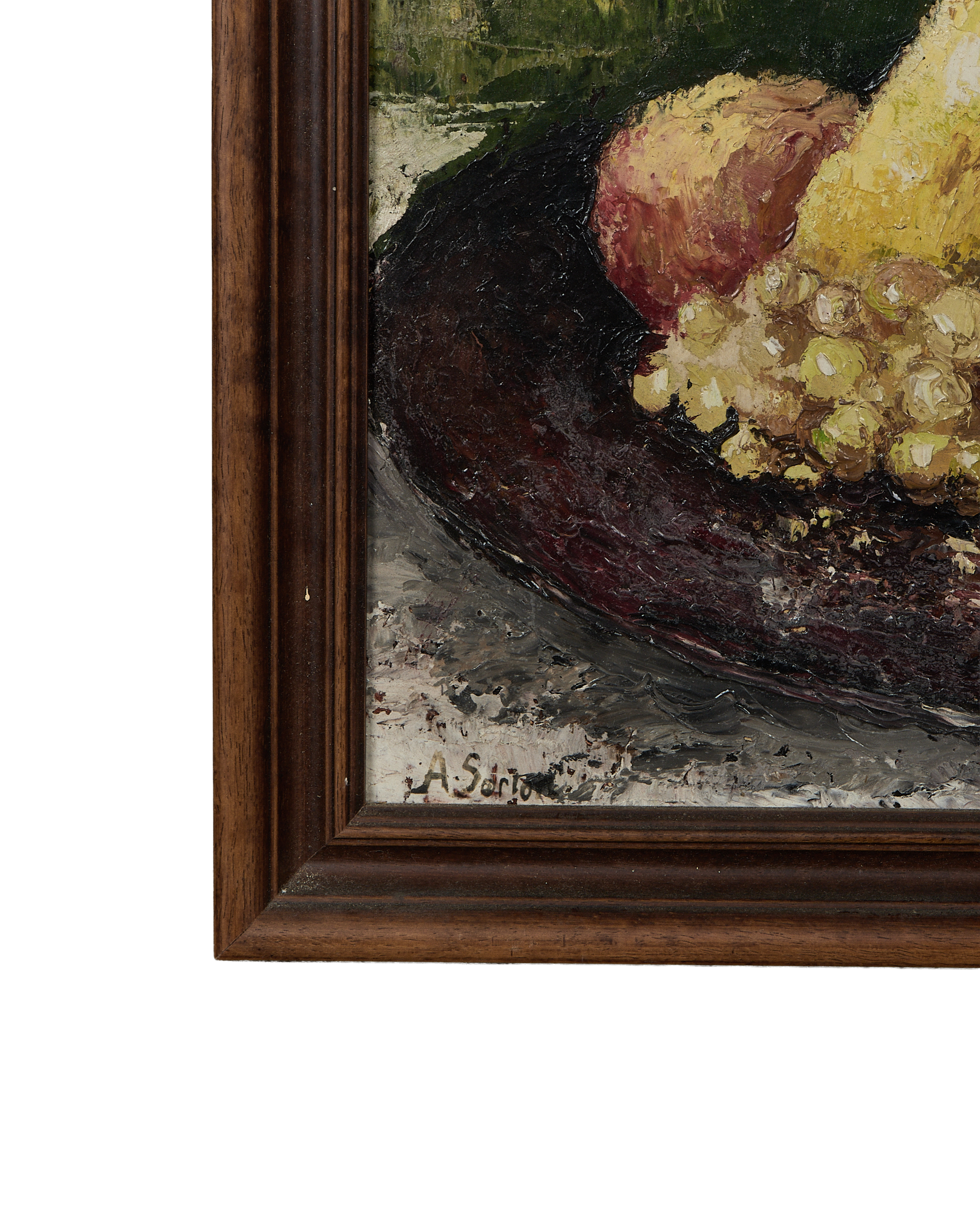 Close-up of vintage French still life oil painting showing artist's signature within oak frame.