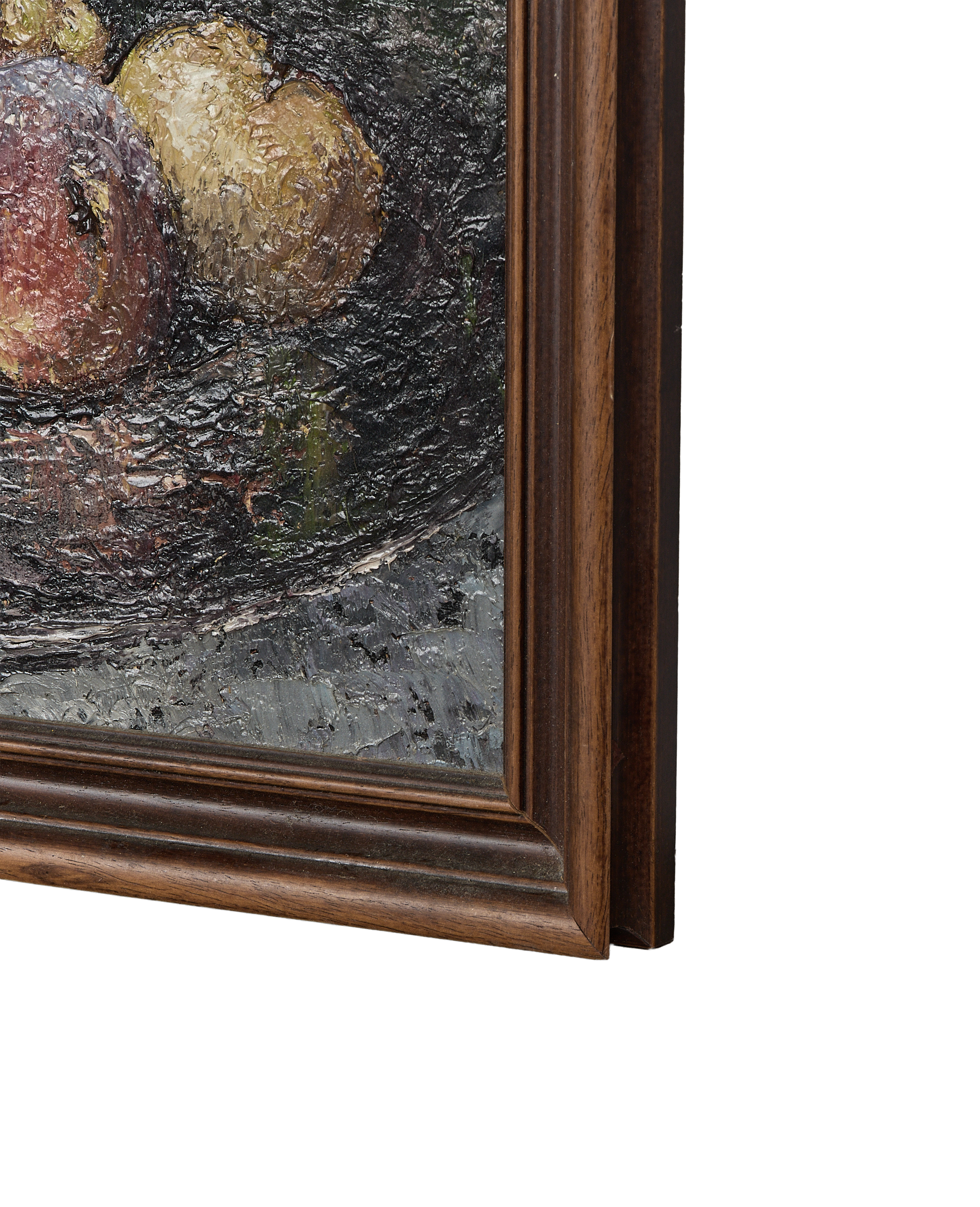 Vintage French still life painting, textured fruit visible through aged oak frame detail.