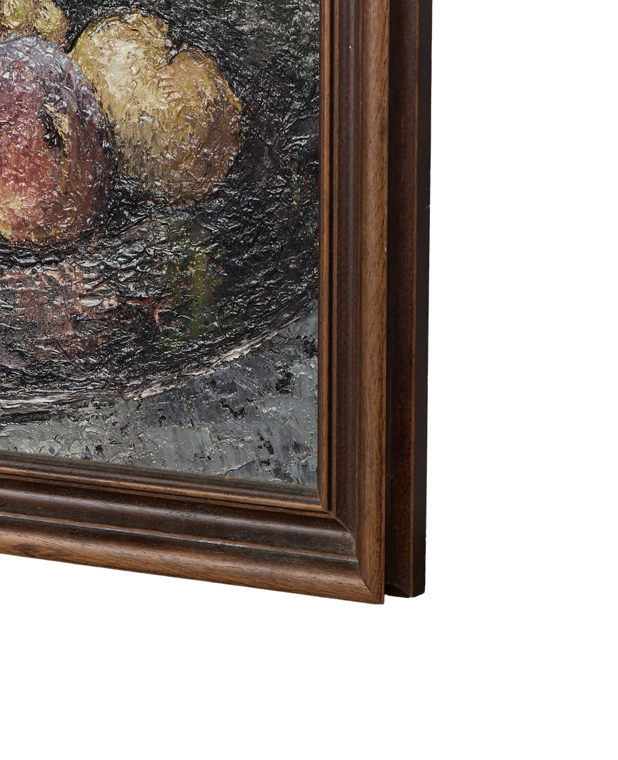 Vintage French still life painting, textured fruit visible through aged oak frame detail.