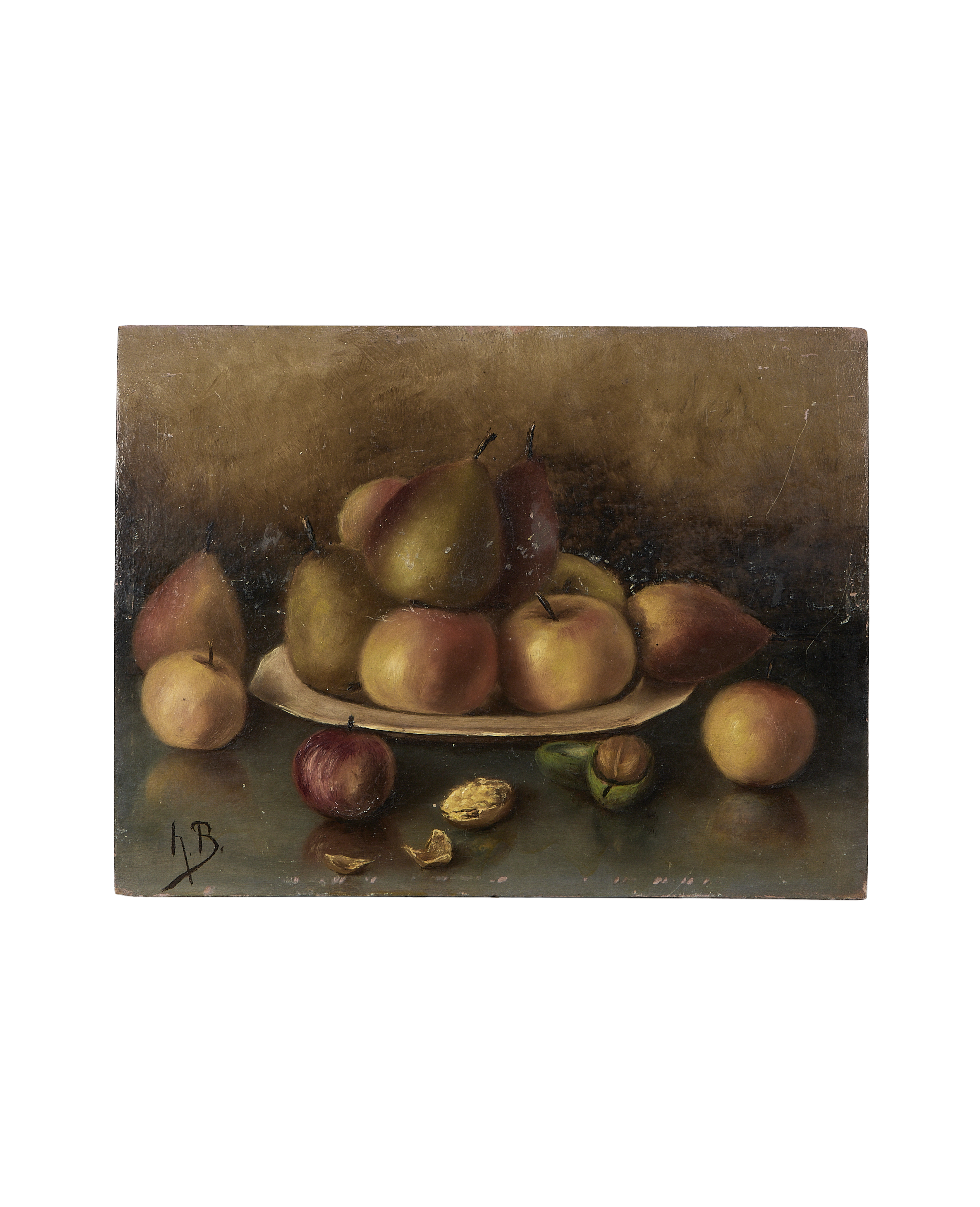 Vintage French still life oil painting on oak board, fruit, apples, pears.