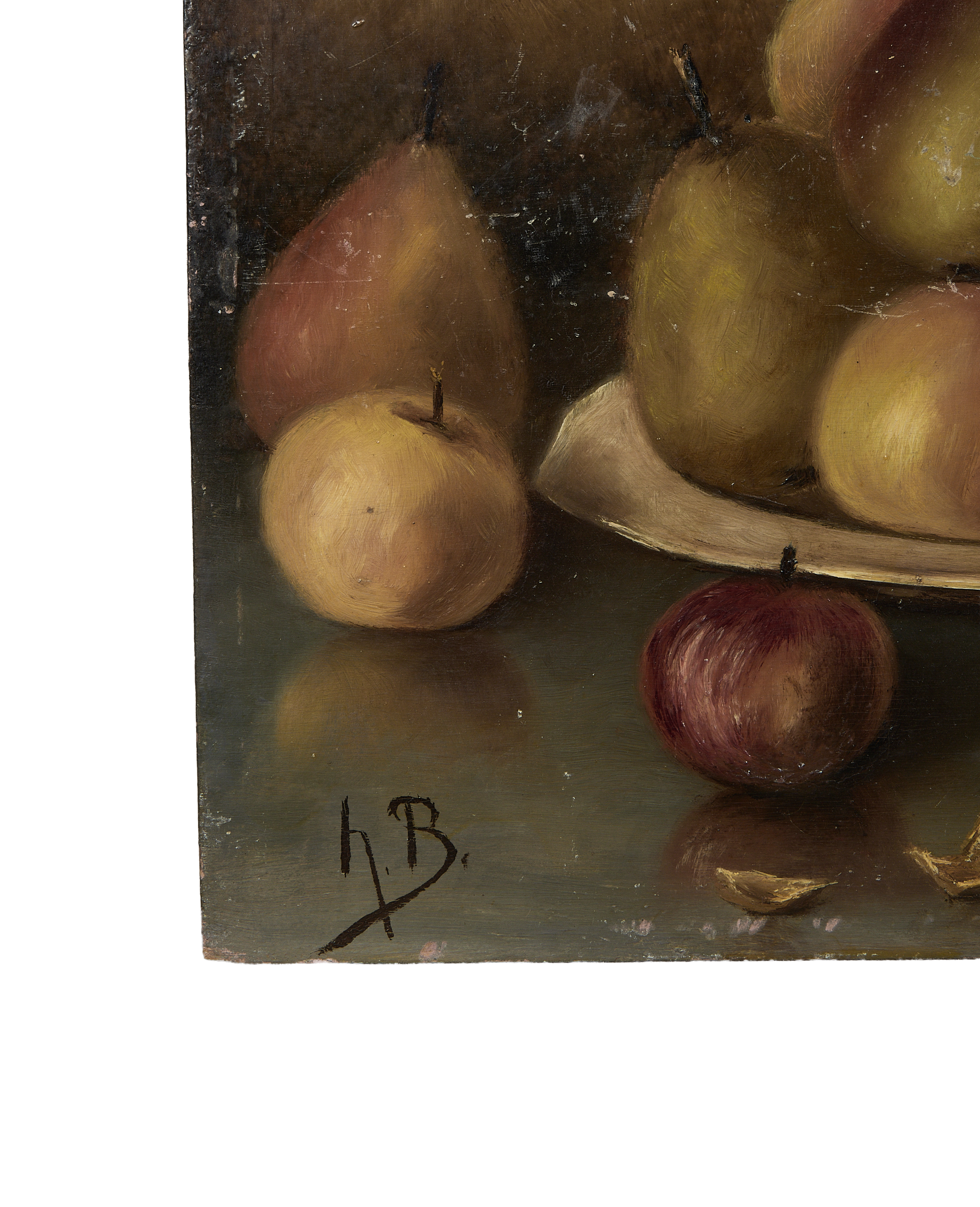 Vintage French still life oil painting detail: signature H.B. and visible paint texture.