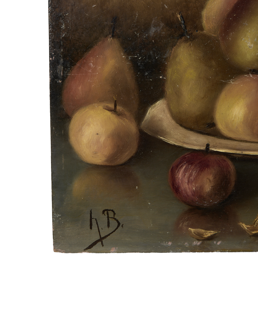 Vintage French still life oil painting detail: signature H.B. and visible paint texture.
