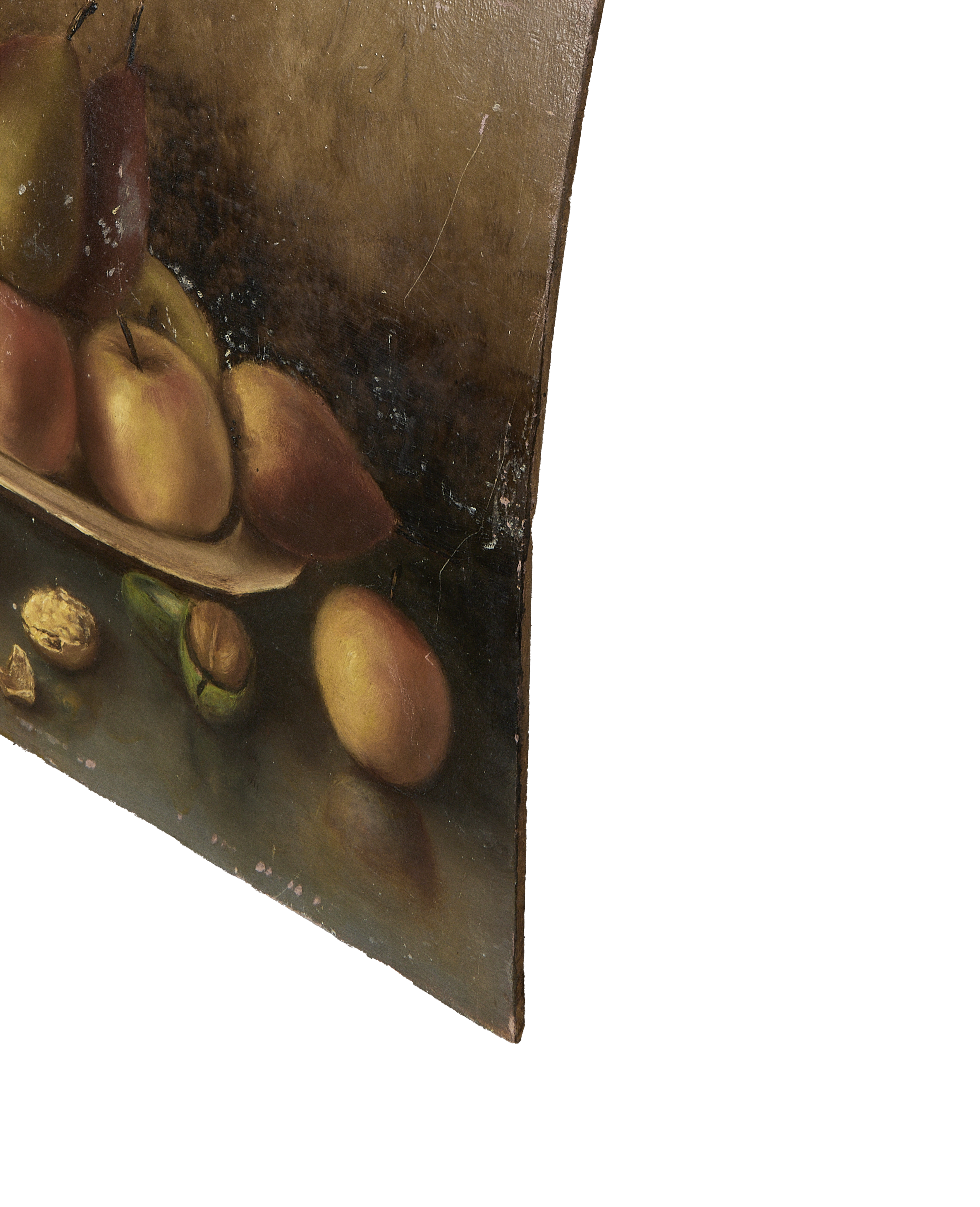 Vintage French still life painting, an angled close-up view showing heavily worn canvas edge.