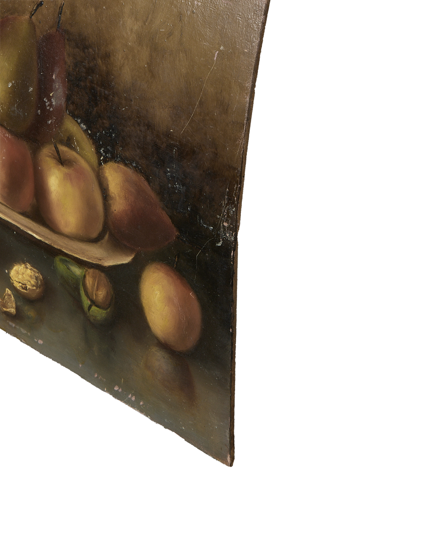 Vintage French still life painting, an angled close-up view showing heavily worn canvas edge.