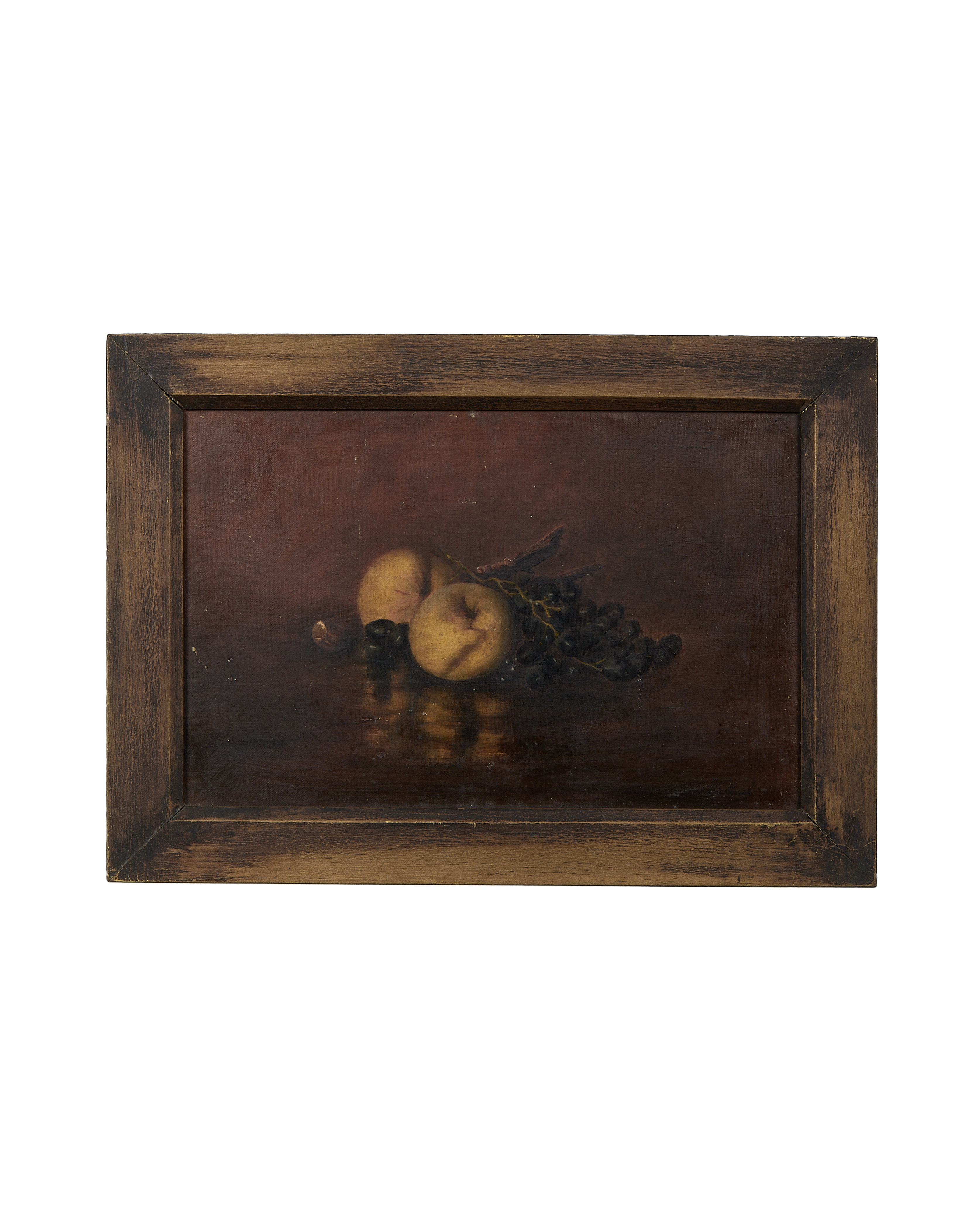 Vintage French still life oil painting in oak frame, showing peaches and dark grapes.
