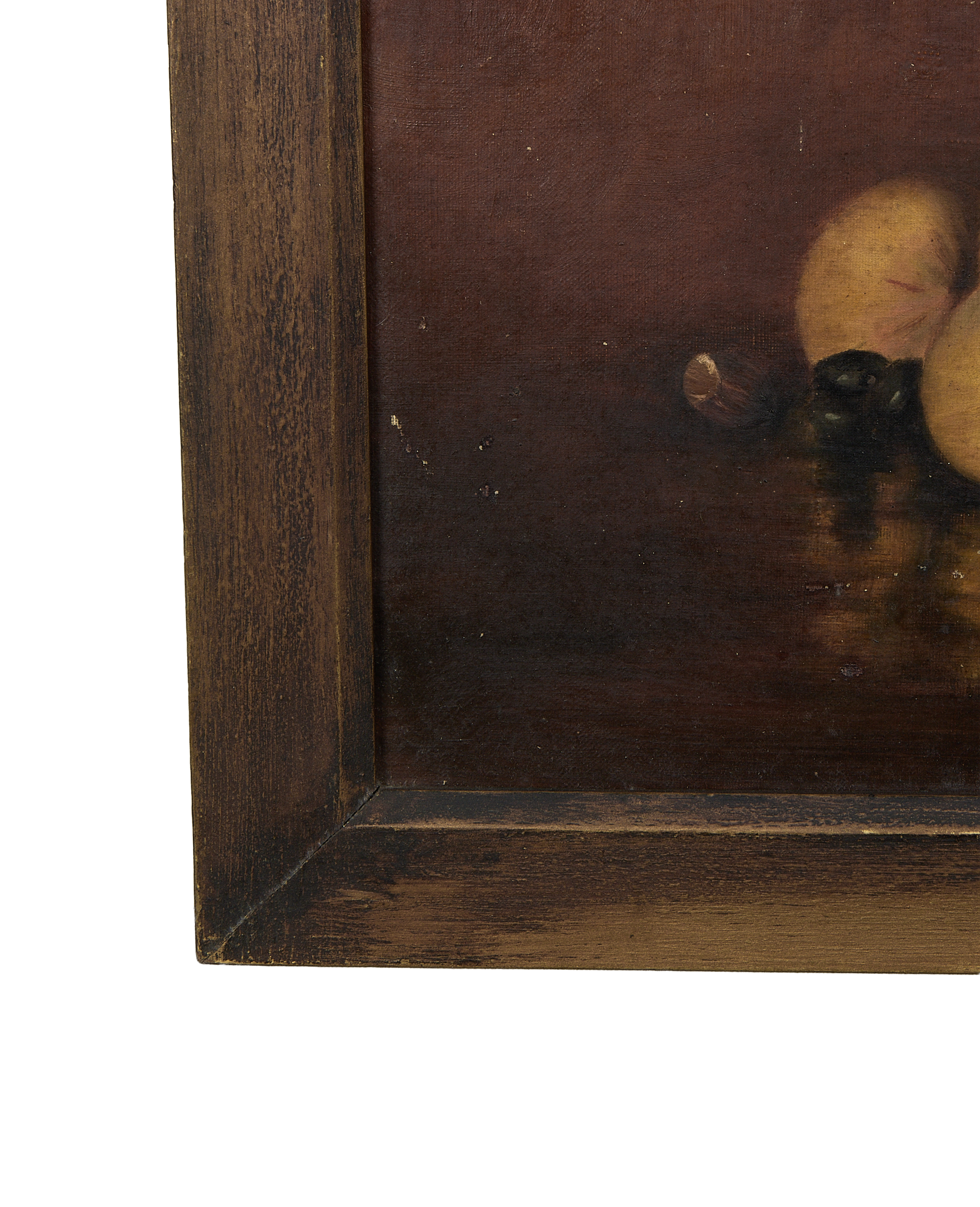 Vintage French still life painting, an oak wooden frame corner with worn antique finish.