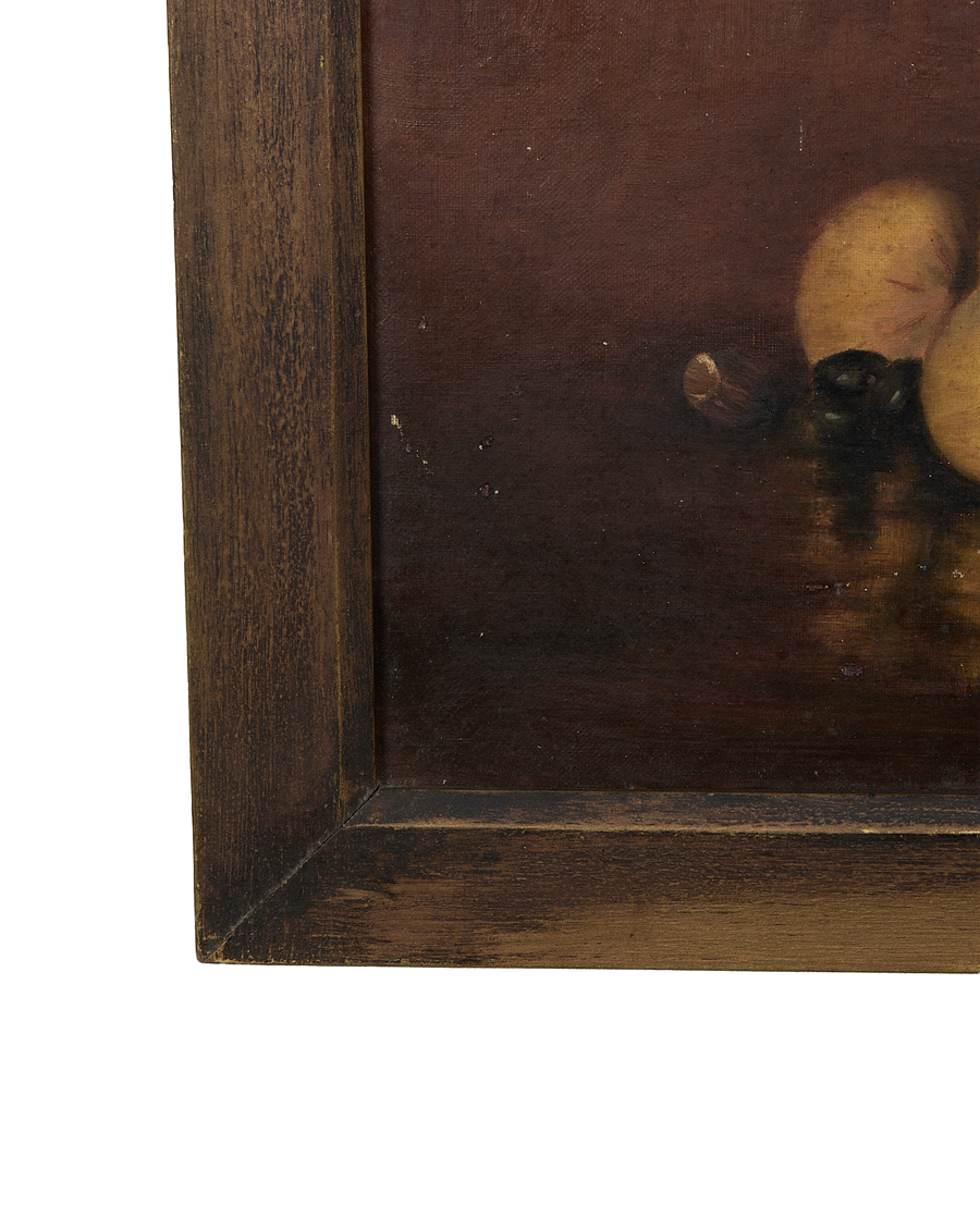 Vintage French still life painting, an oak wooden frame corner with worn antique finish.