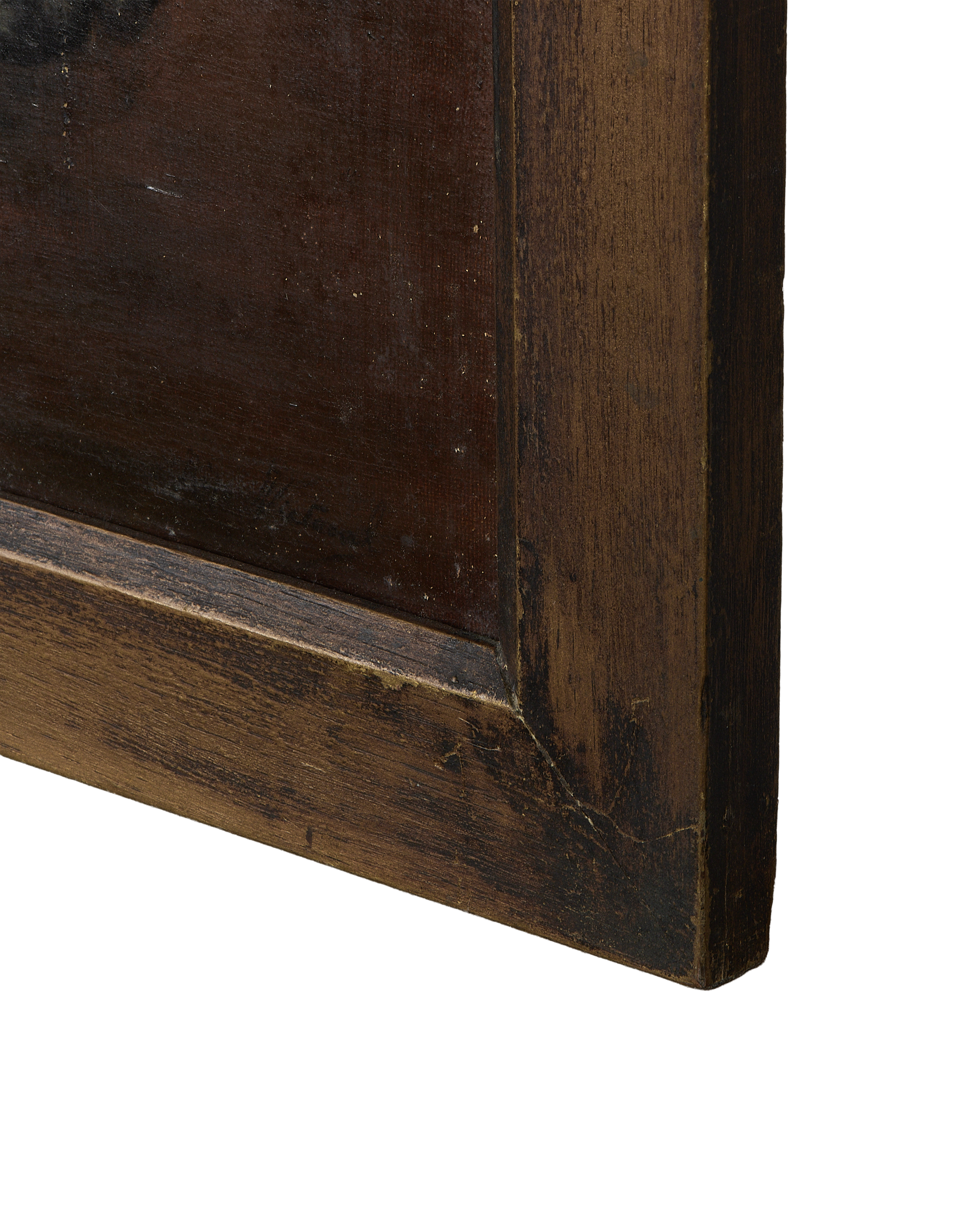 Close-up, vintage French still life painting frame, showing distressed antique oak and canvas condition.