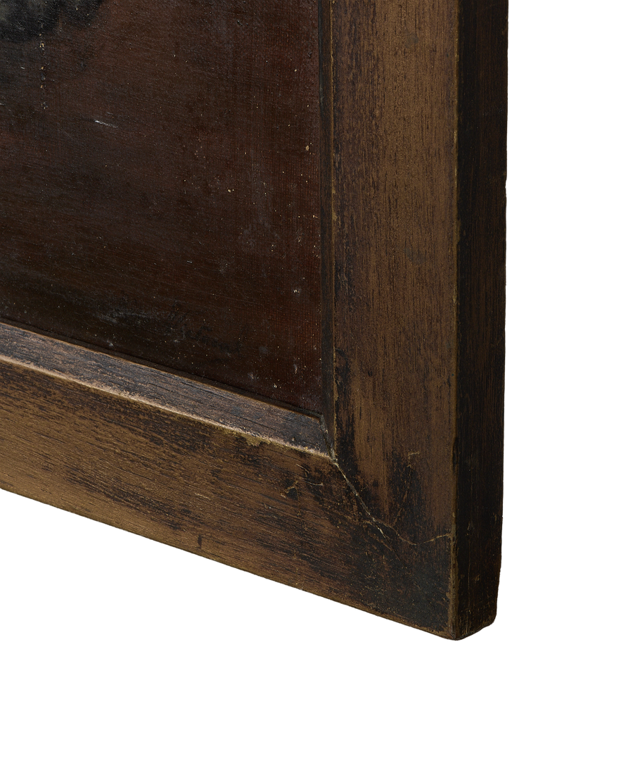 Close-up, vintage French still life painting frame, showing distressed antique oak and canvas condition.