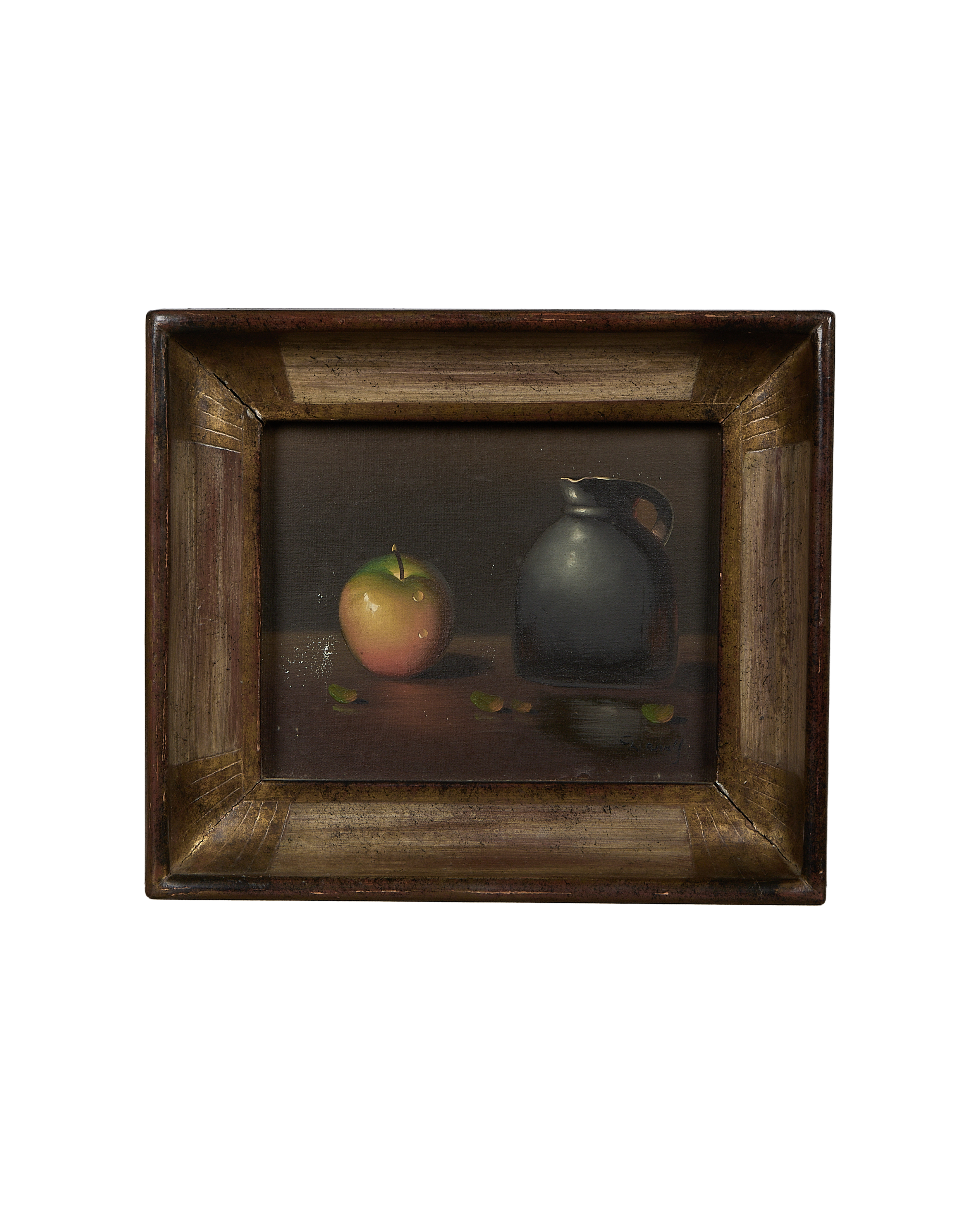 Vintage French Still Life oil painting of apple and jug in oak frame.