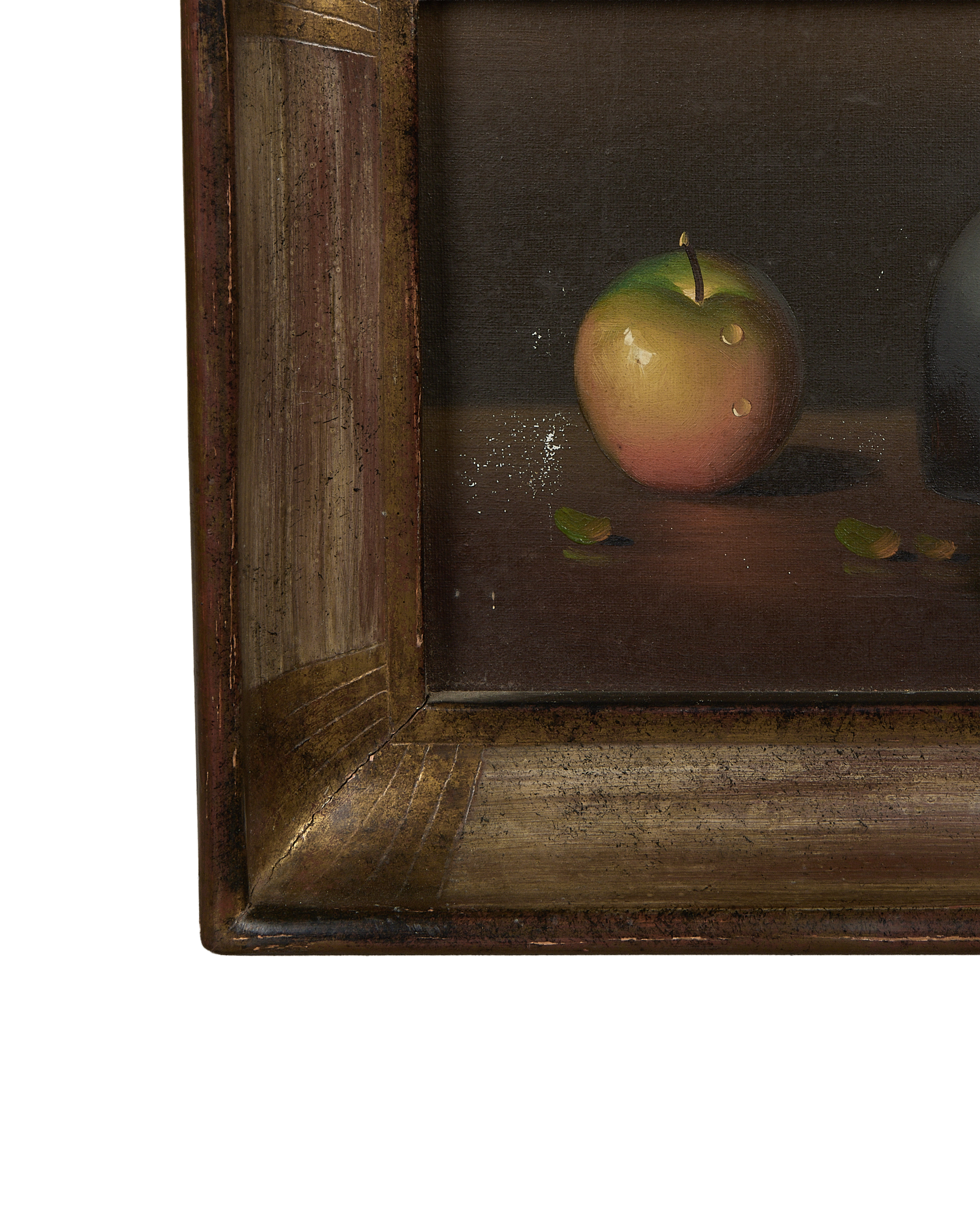 Close-up of vintage French still life painting, showing weathered oak frame and apple detail.
