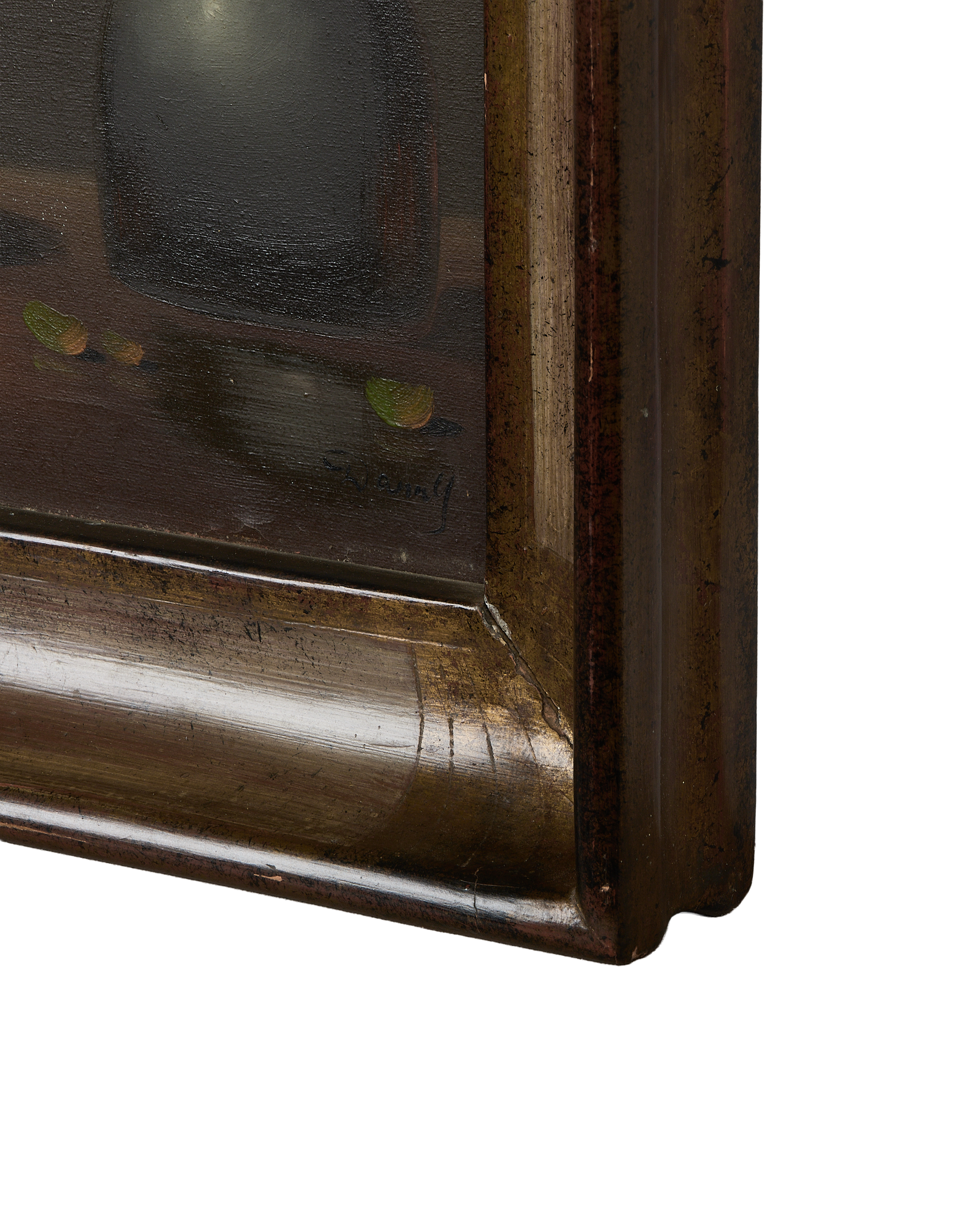 Vintage French still life painting's distressed oak frame with gold accents and aged patina.