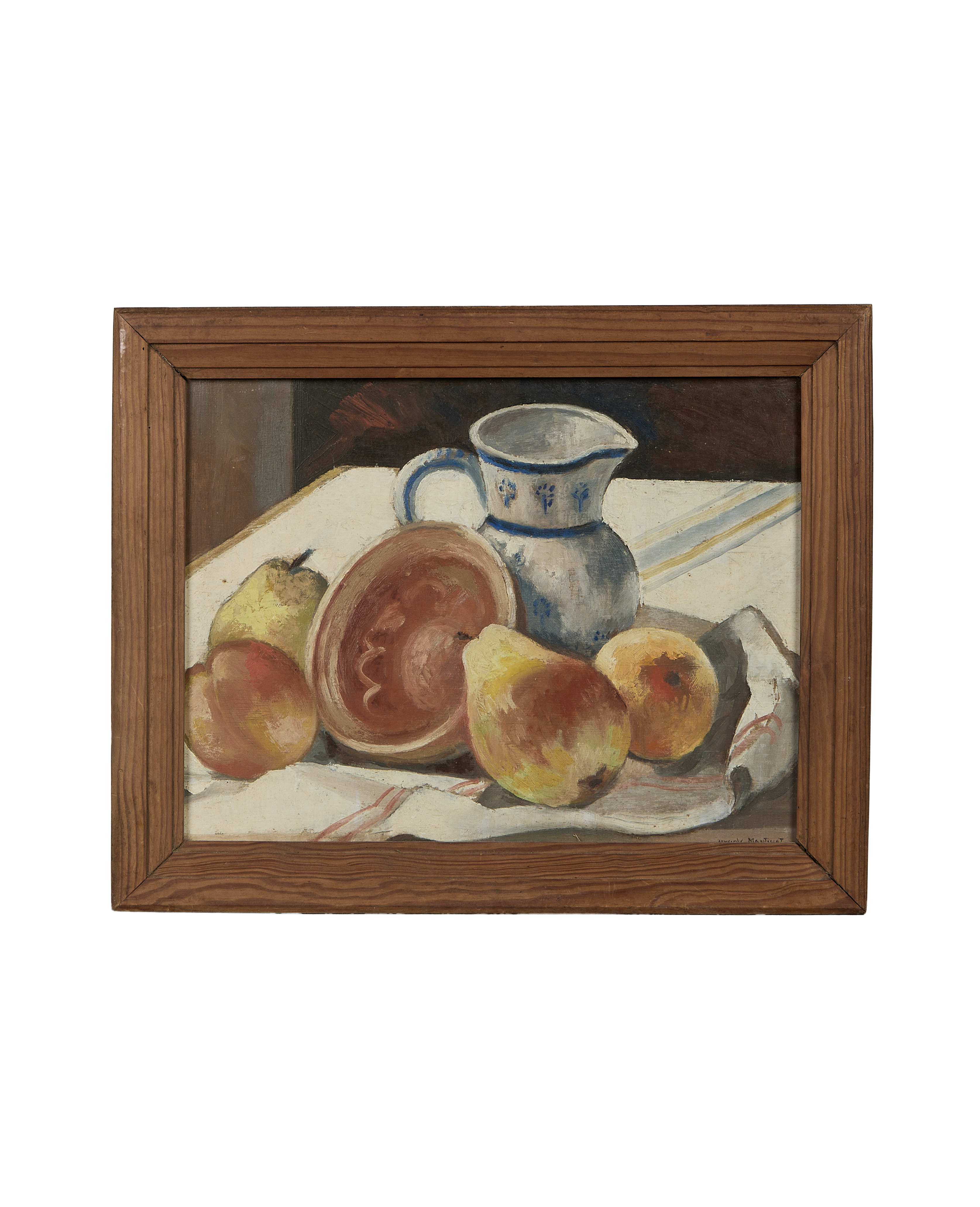Vintage French still life painting in oak frame, featuring cut melon, pears, and pitcher.