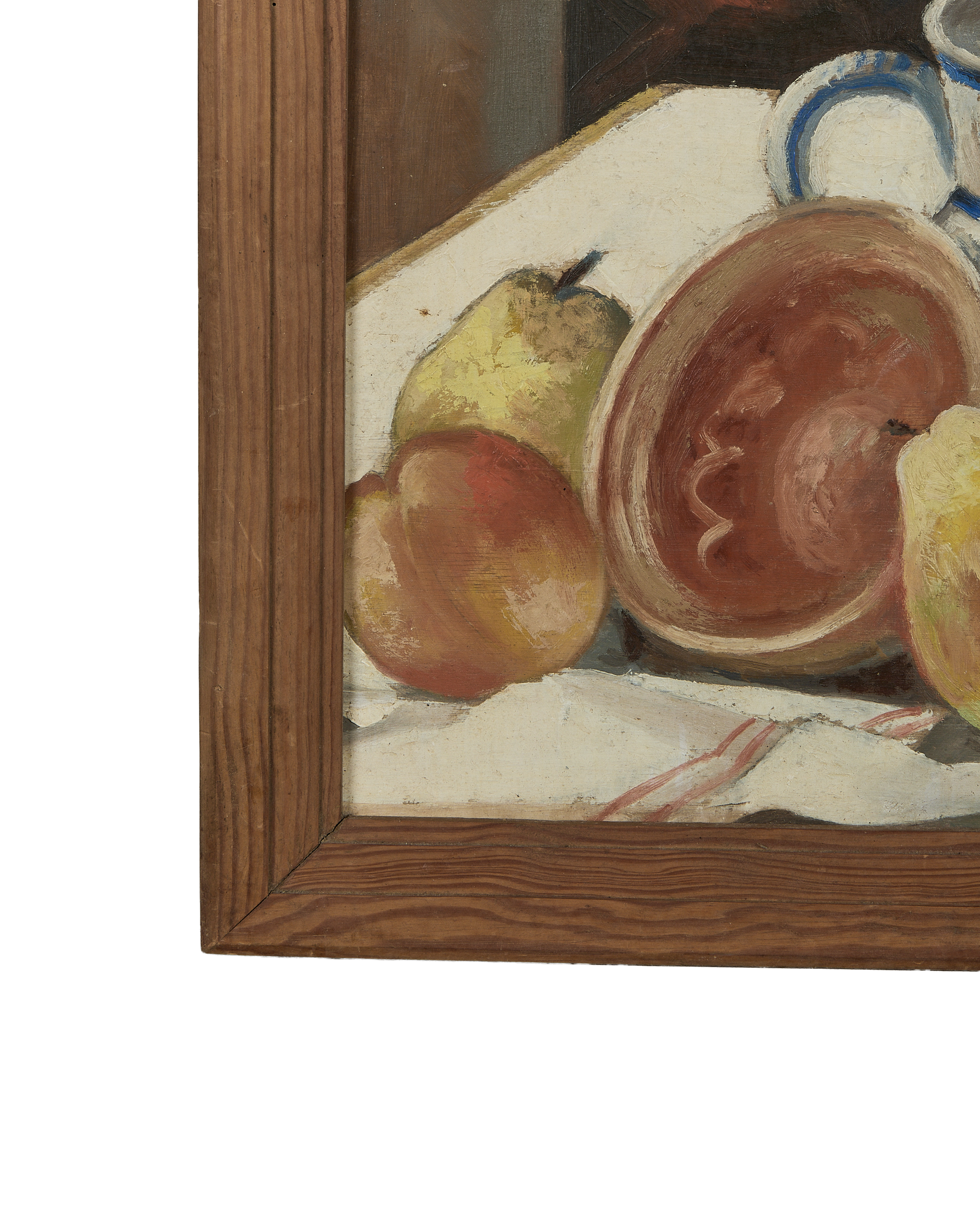 Vintage French still life painting detail showing oak frame corner, fruit, and ceramic bowl.
