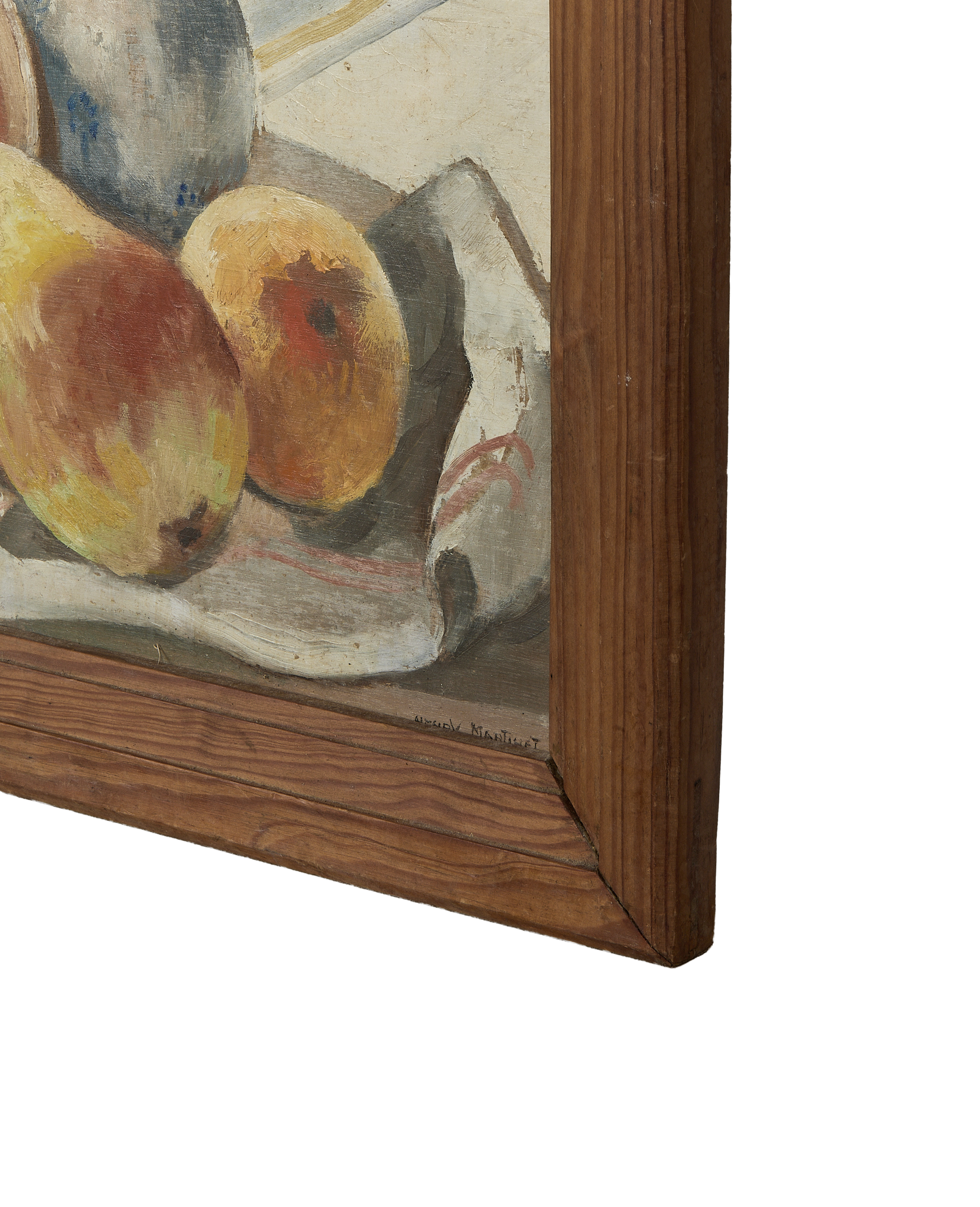 Vintage French still life painting, signature detail within the rustic oak frame.