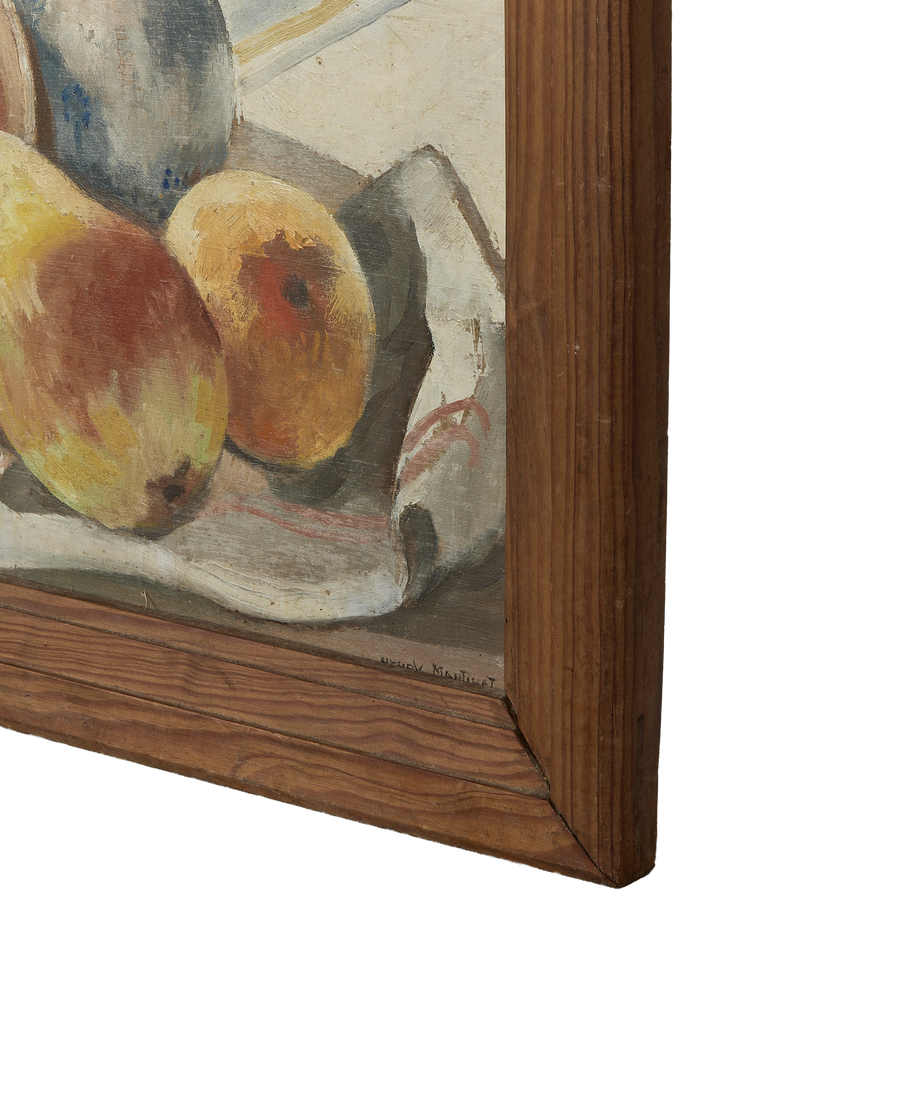 Vintage French still life painting, signature detail within the rustic oak frame.