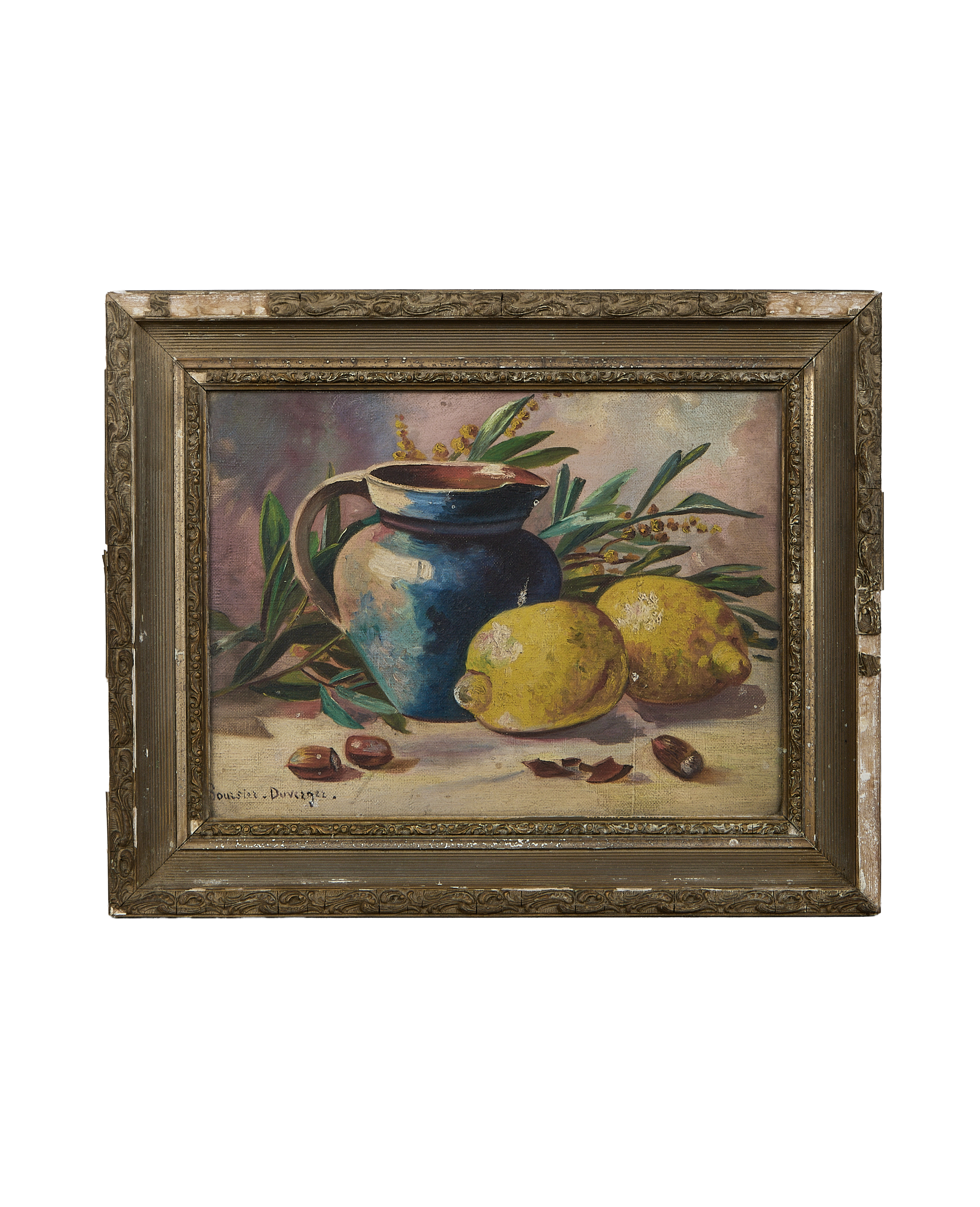 Vintage French still life oil painting in ornate oak frame, pitcher, lemons, nuts.