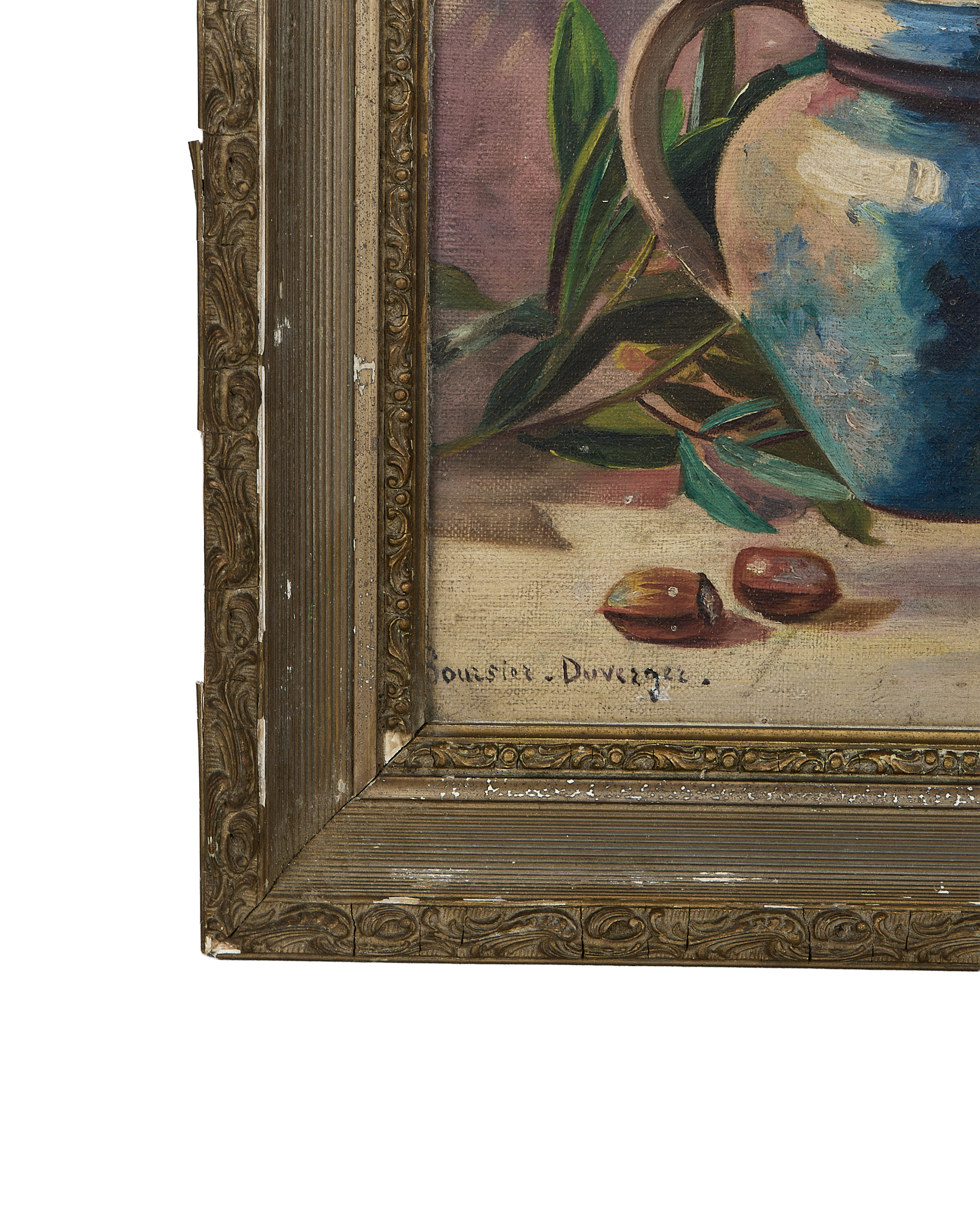 Detail of vintage French still life painting, showing textured oak frame and signature.