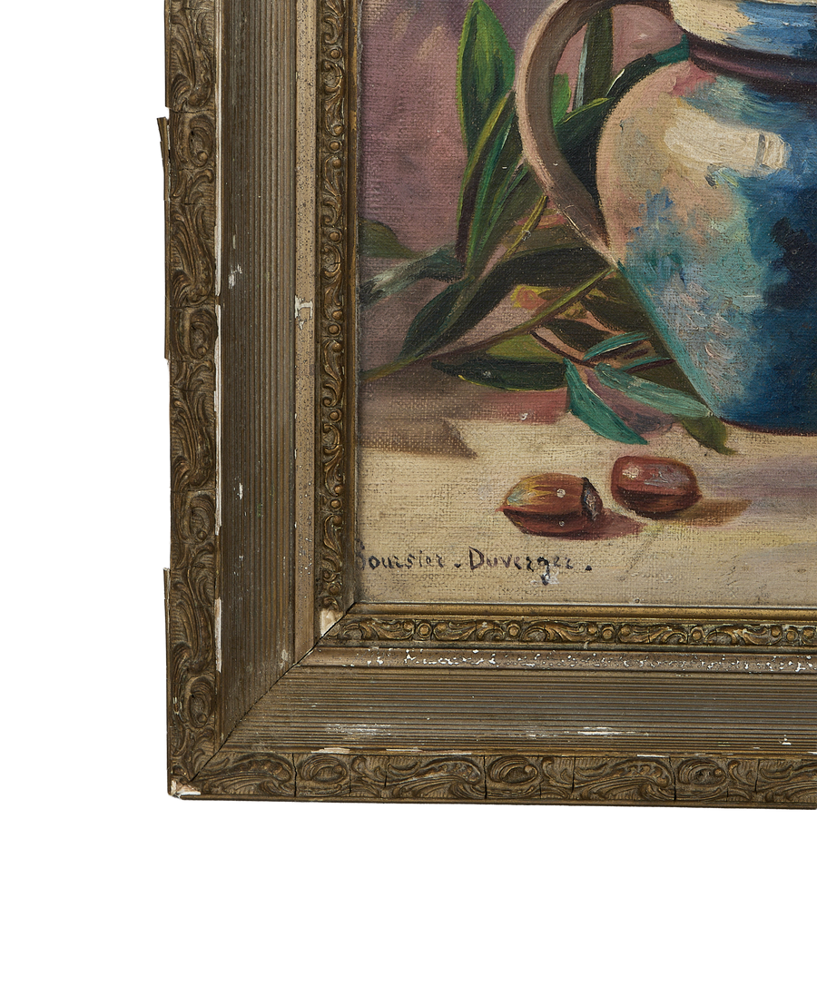 Detail of vintage French still life painting, showing textured oak frame and signature.