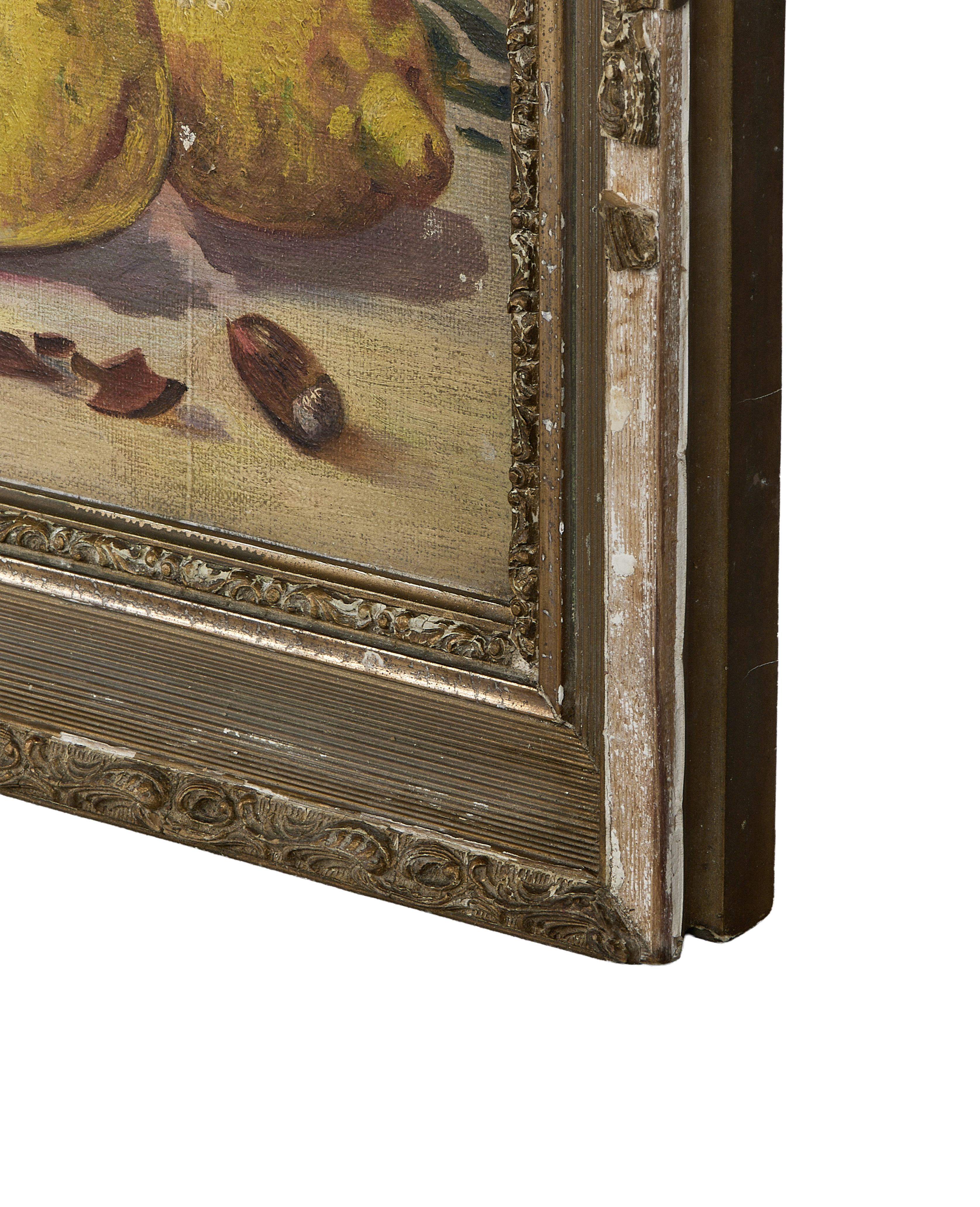 Side view of vintage French oak still life painting frame, showing distressed gilt finish.