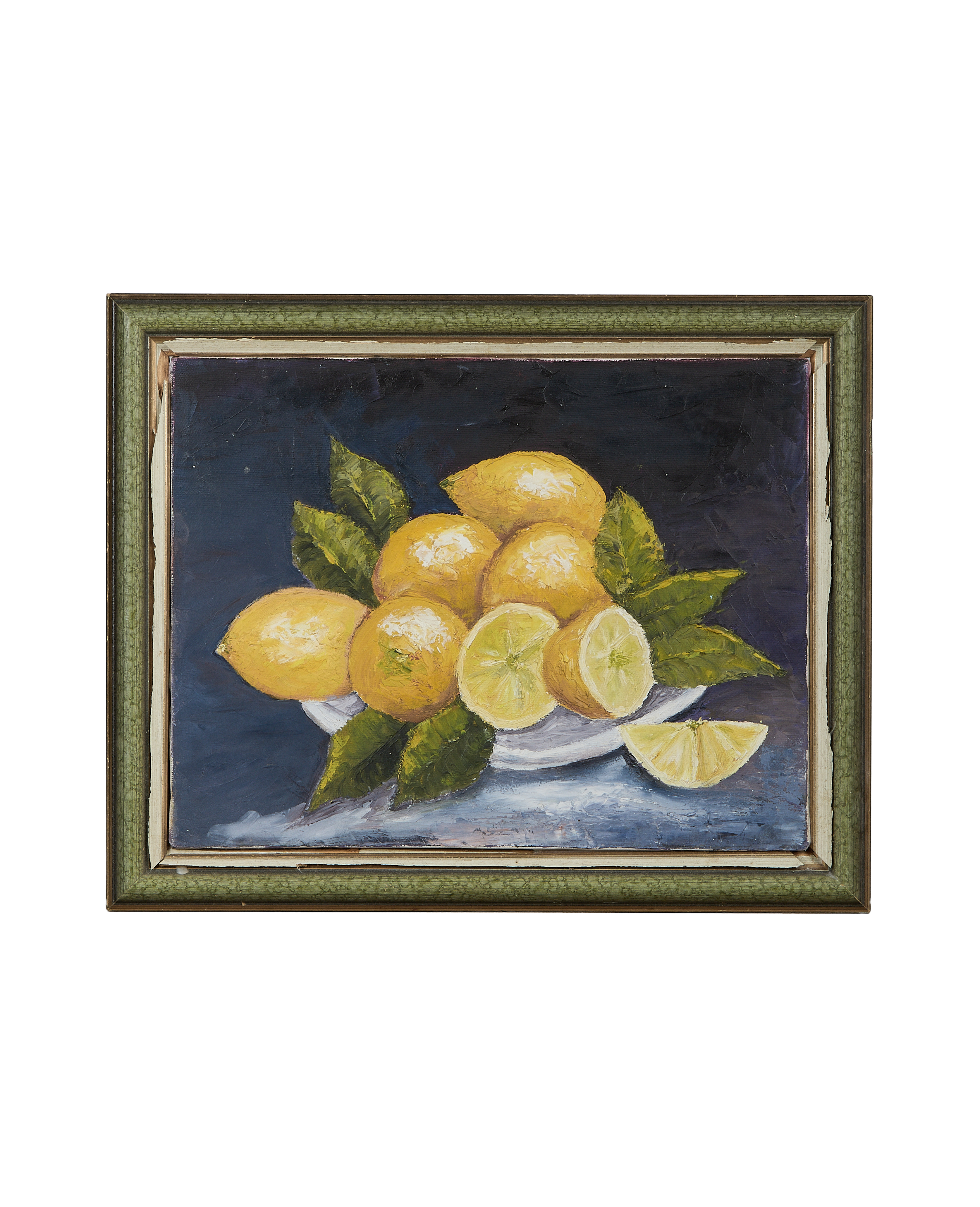 Vintage French still life lemon painting, distressed green oak frame, dark background.